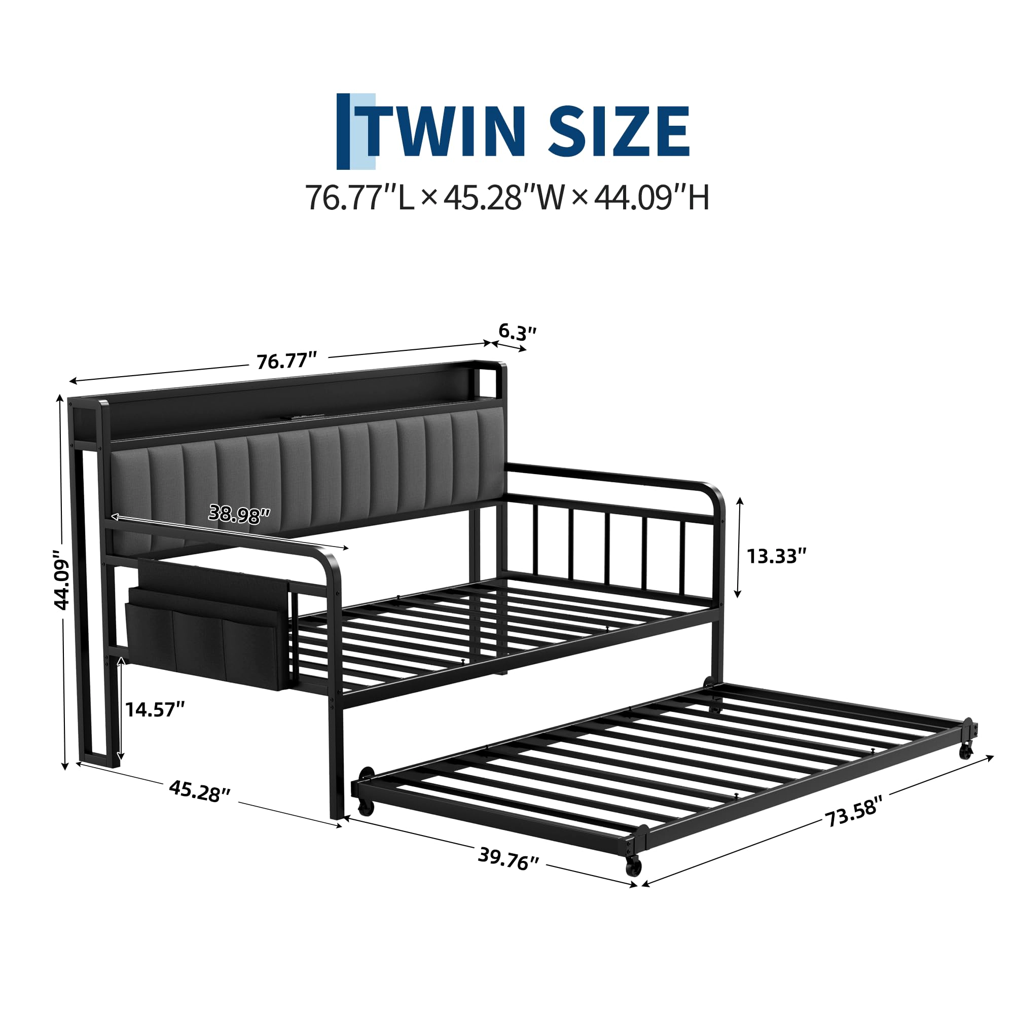 Metal Daybed with Trundle, Upholstered Storage Headboard, Charging Station, LED Lights and Lockable Casters