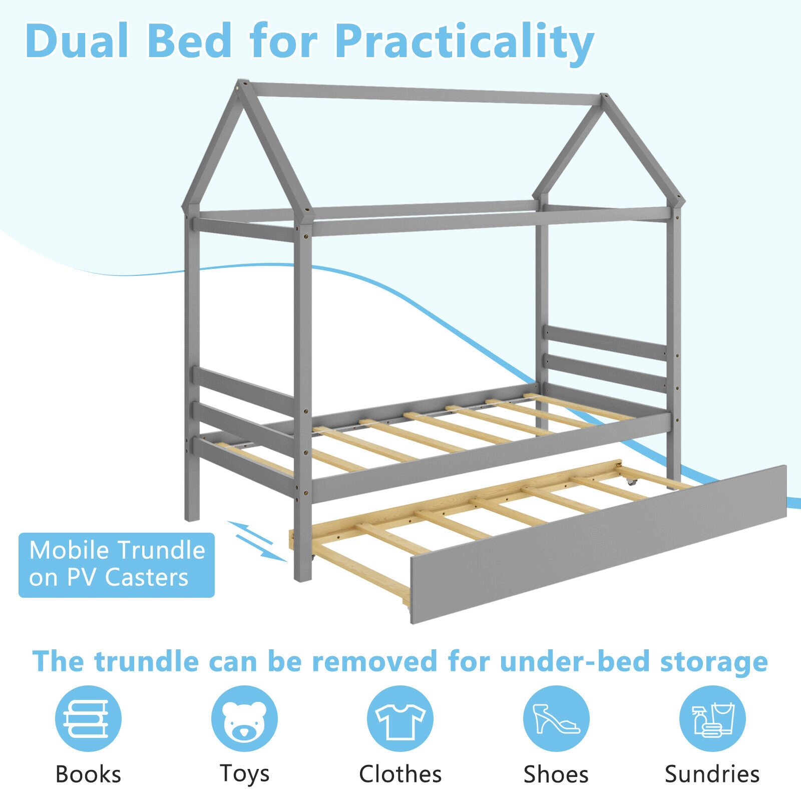SUGIFT Gray Roof and Pull-Out Trundle Twin Size Kids House Bed Frame