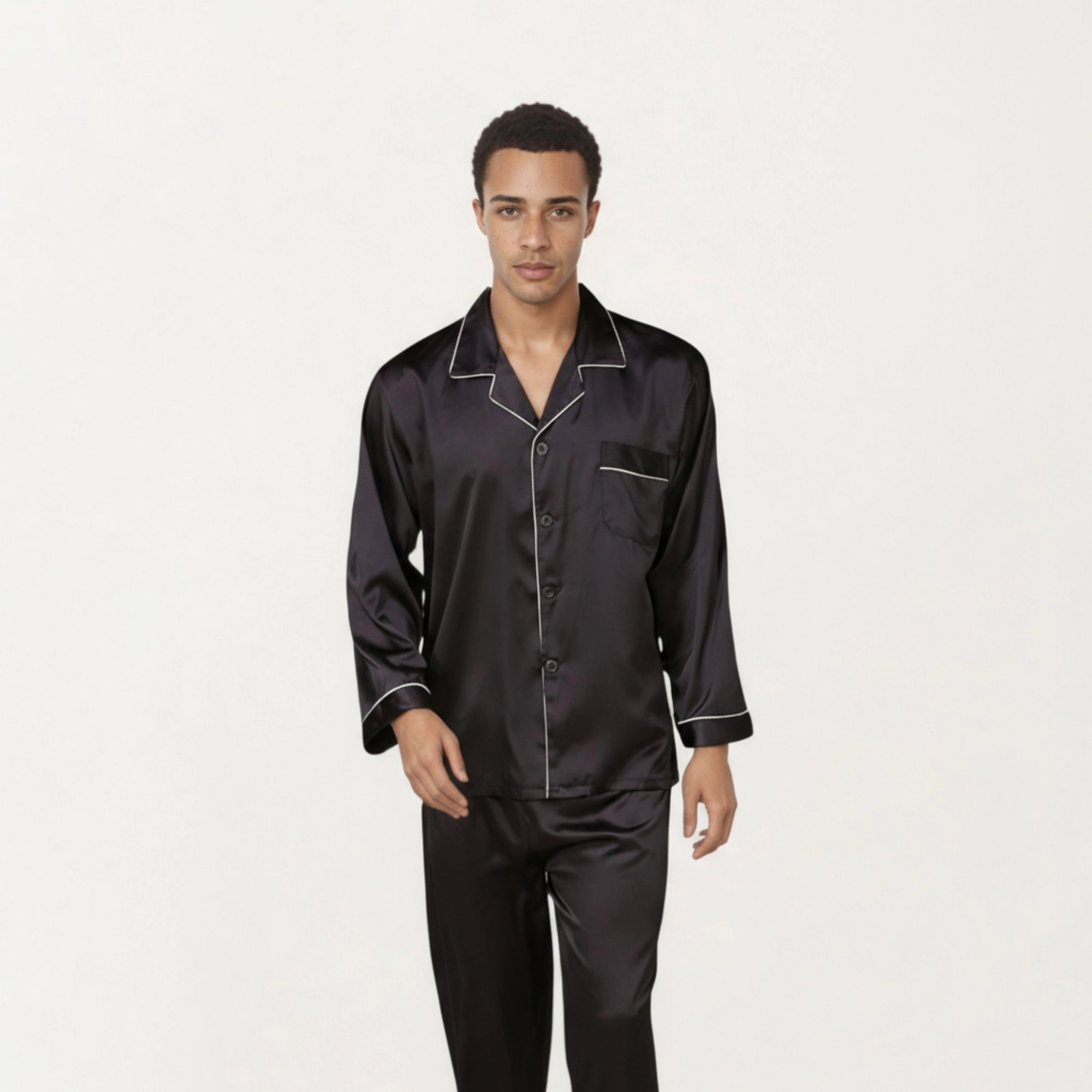 Anna-Kaci Men's 2-Piece Satin Pajamas with Contrast Piping and Button Up Top
