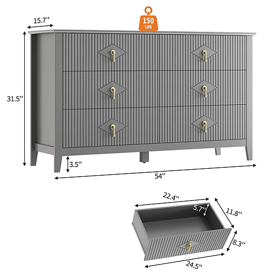 BebreezChic Fluted 6-Drawer Dresser for Bedroom, 54 Inch Wide Modern Wooden Chest of Drawers with Gold Handles