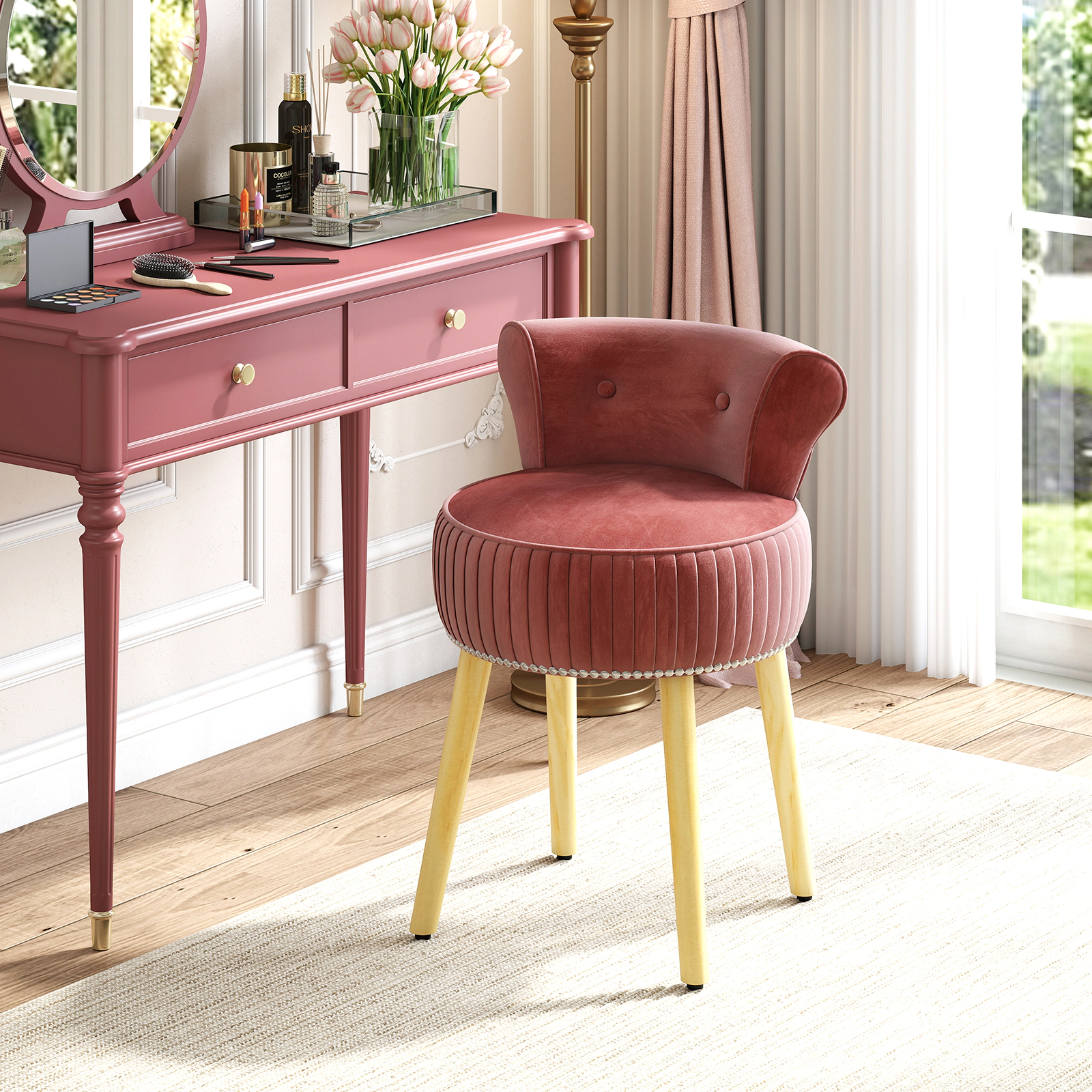 SUGIFT Pink Velvet Tufted Vanity Chair, Upholstered Stool with Back, Rubberwood Legs
