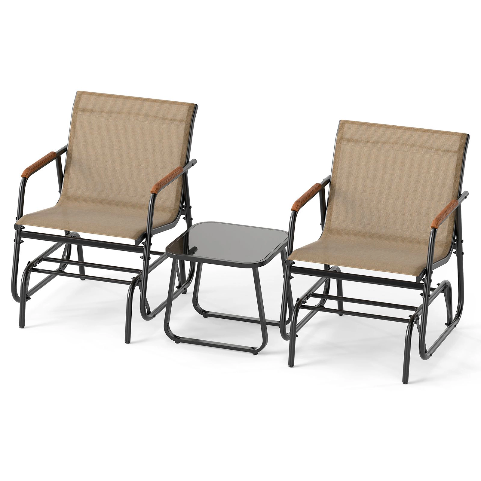 SlickBlue 3-Piece Patio Glider Chairs with Teak Armrests and Glass Table