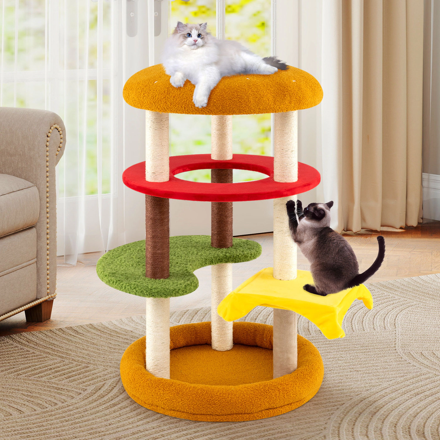 LJG 42 Inch Tall Modern Cat Tree Multi-Level with Padded Perch and Cat Bed