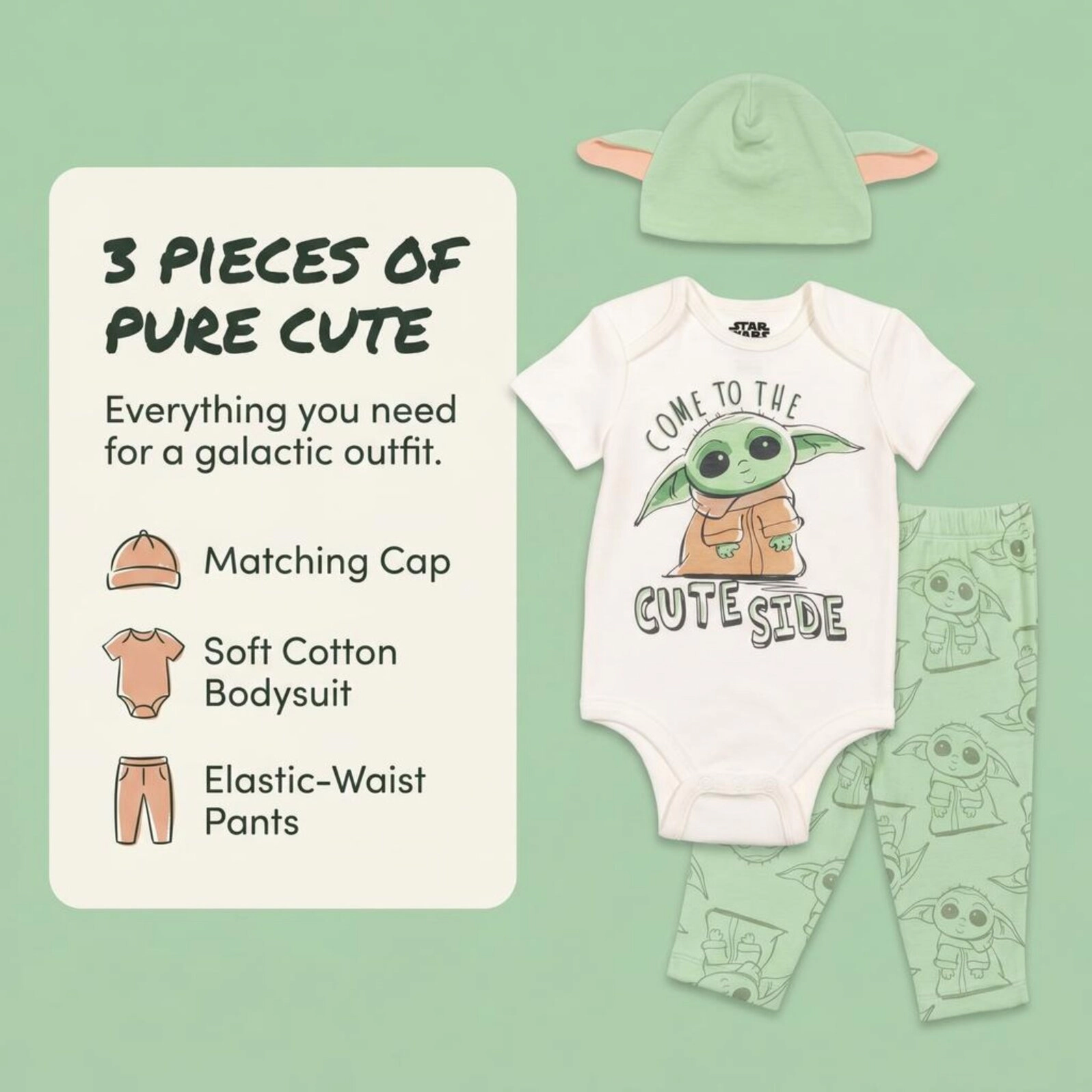 Star Wars The Mandalorian Grogu Baby Cosplay 3-Piece Bodysuit and Pants Set