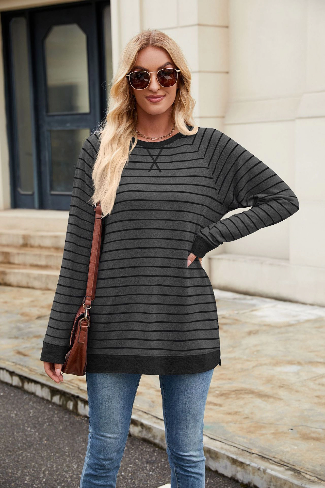 Enchanted Funland Womens Crew Neck Striped Raglan Contrast Cuff Long Sleeve Tops