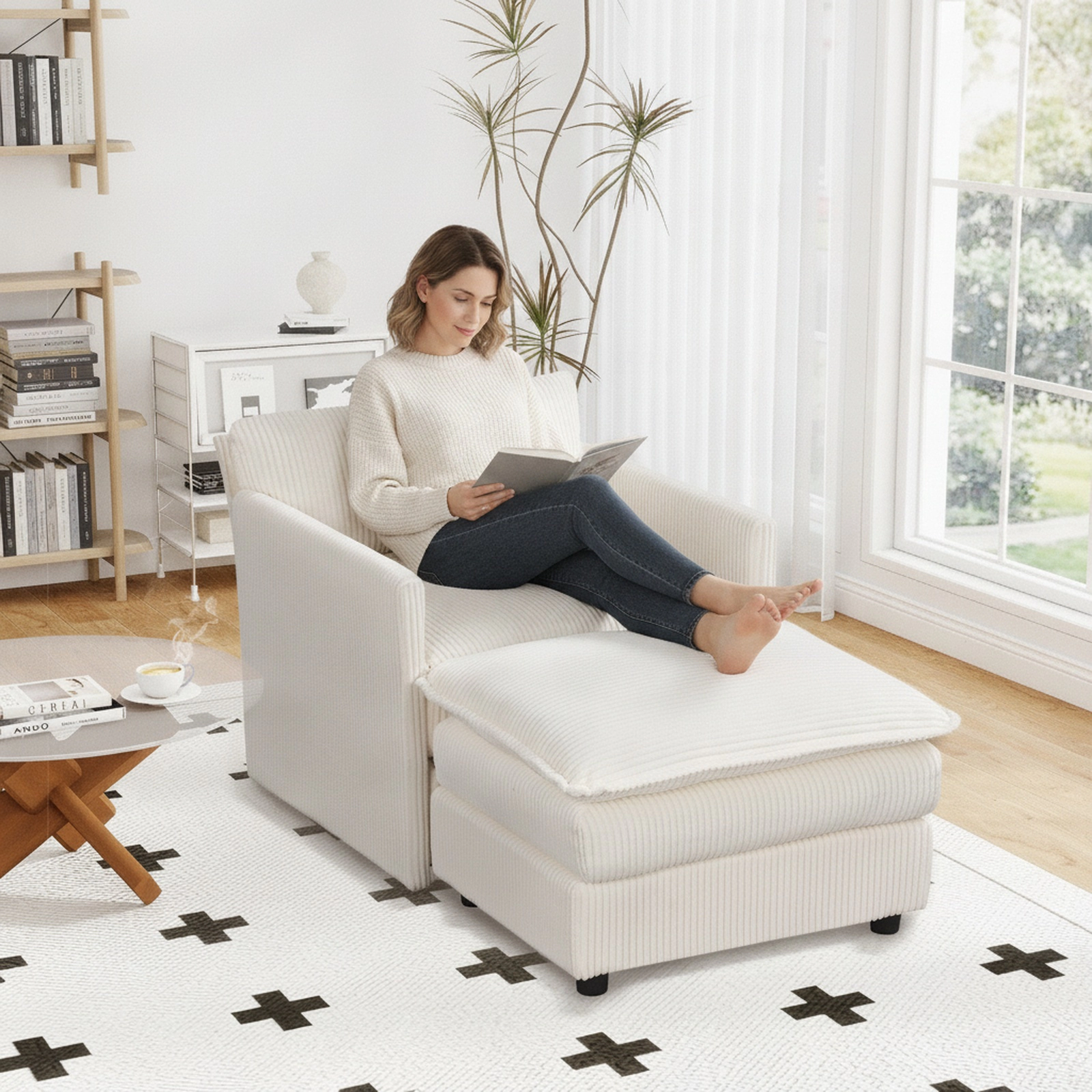 SUGIFT Oversized Beige Corduroy Accent Chair with Ottoman, Deep Seat