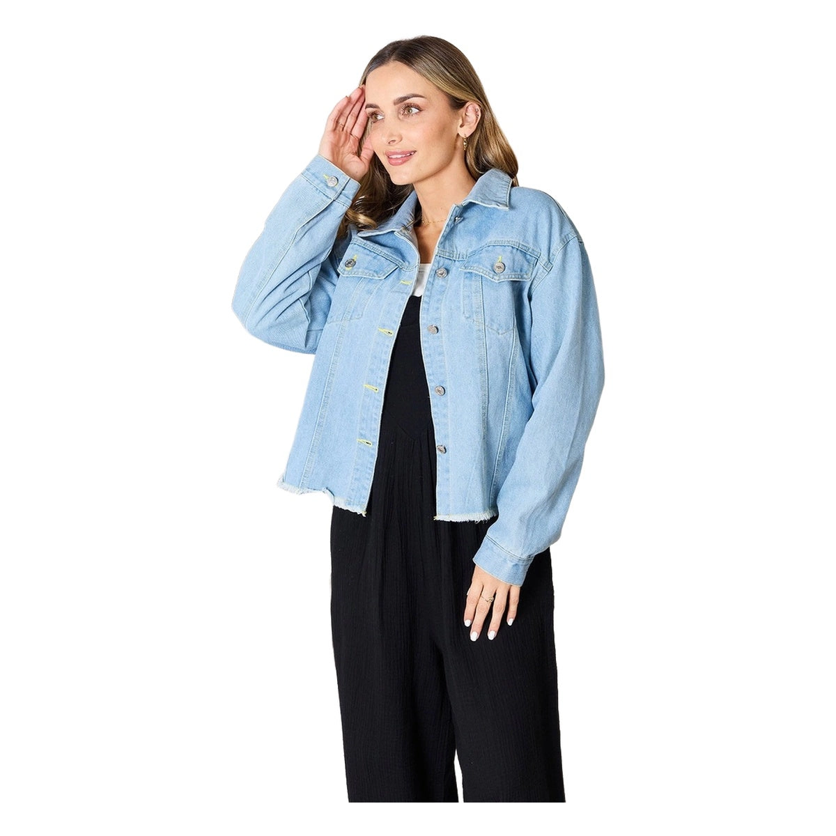 Sol Living Womens Double Take Dropped Shoulder Raw Hem Denim Jacket