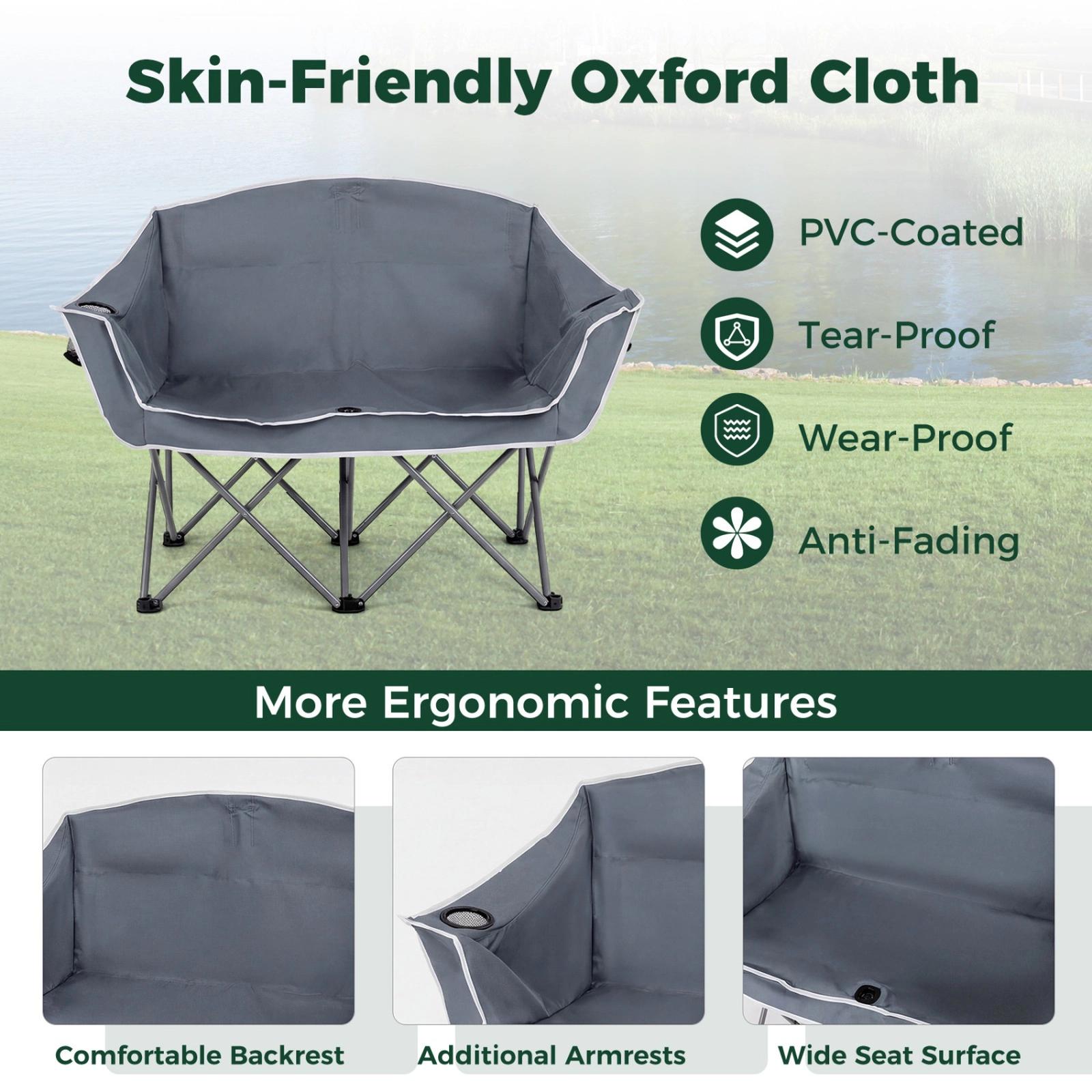 SUGIFT Gray Steel Double Camping Loveseat, 660-lb Capacity, 2 Cup Holders