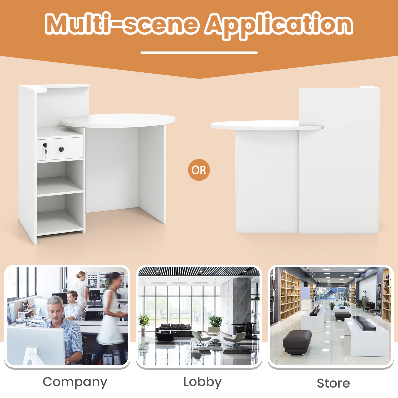 SUGIFT Reception Office Desk with Oval Desktop and L-Shaped Shelf 110-lb Desktop Capacity with Lockable Drawer White