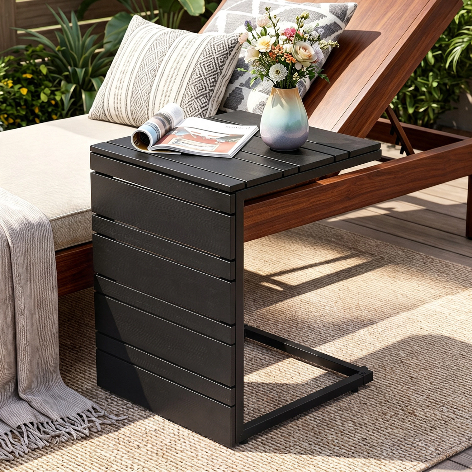 LJG Space-Saving C-Shaped Side Table with Wood-Plastic Top for Indoor Outdoor