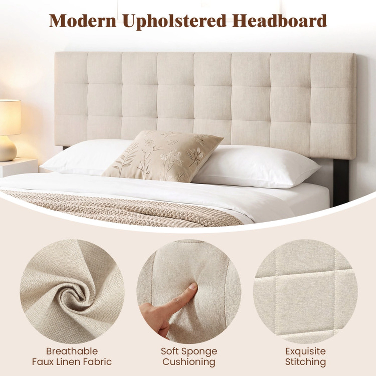 SUGIFT Quilted Grid Upholstered Panel Headboard for Full/Queen Beds 47-in Tall Beige Faux Linen