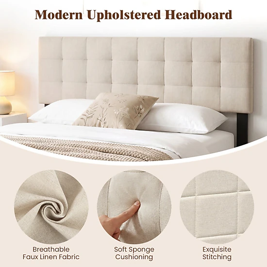SUGIFT Quilted Grid Upholstered Panel Headboard for Full/Queen Beds 47-in Tall Beige Faux Linen