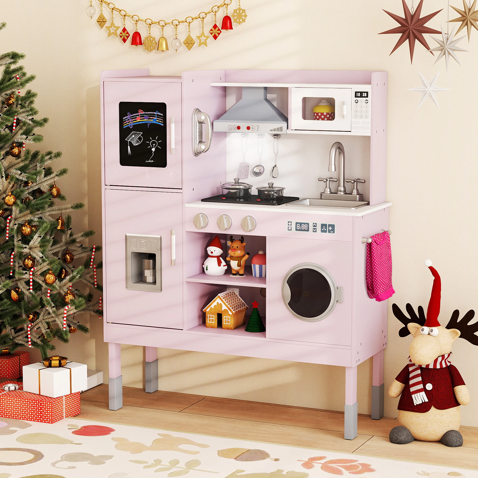 Pretend Play Kitchen 3-Position Adjustable Height Range Hood Ice Maker Telephone 32.5-in x 11.5-in x 40.5-in Pink