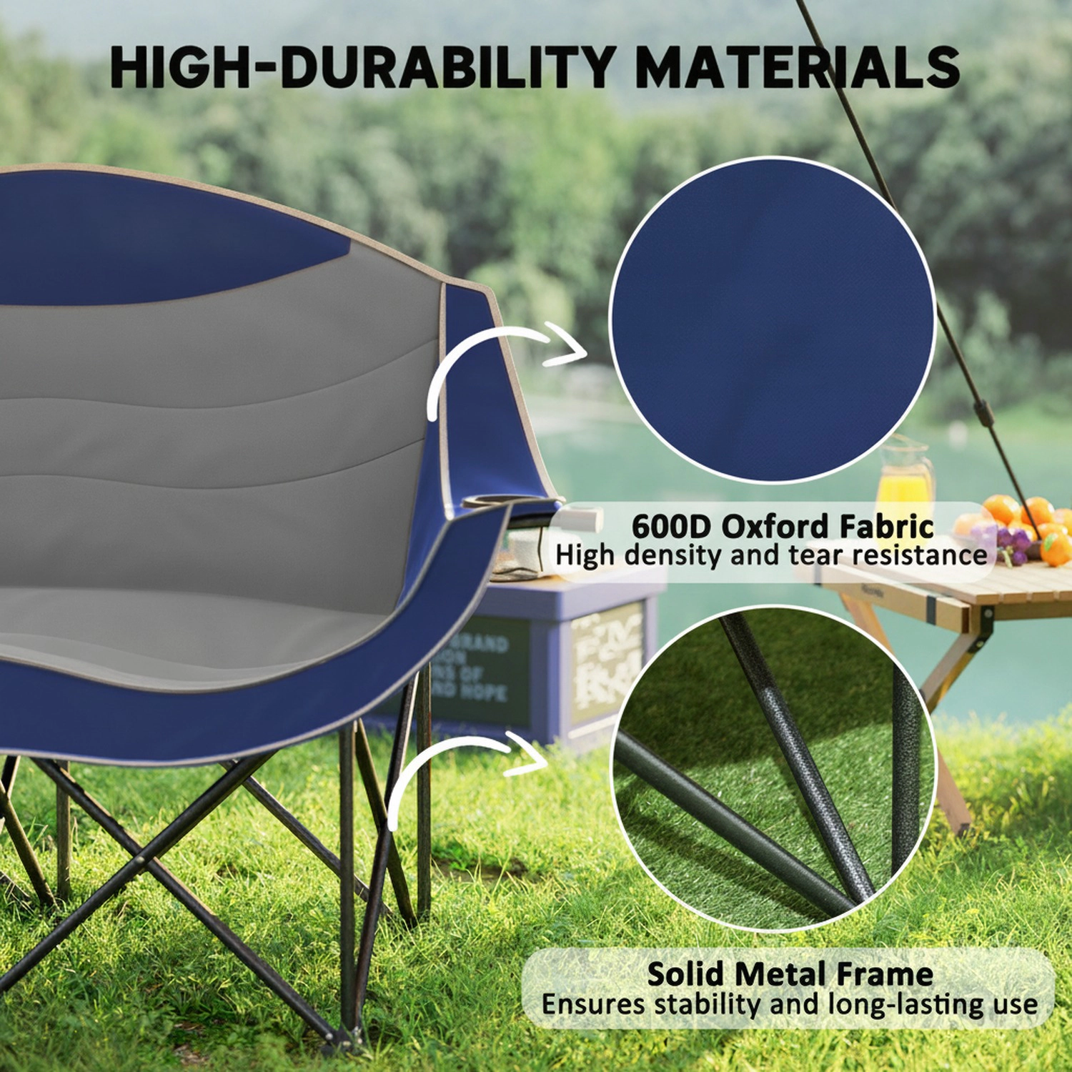 HONGGE Padded Folding Camp Chair for Adults, Double Camping Chair with Armrests, Cup Holders, Carry Bag for Outdoor