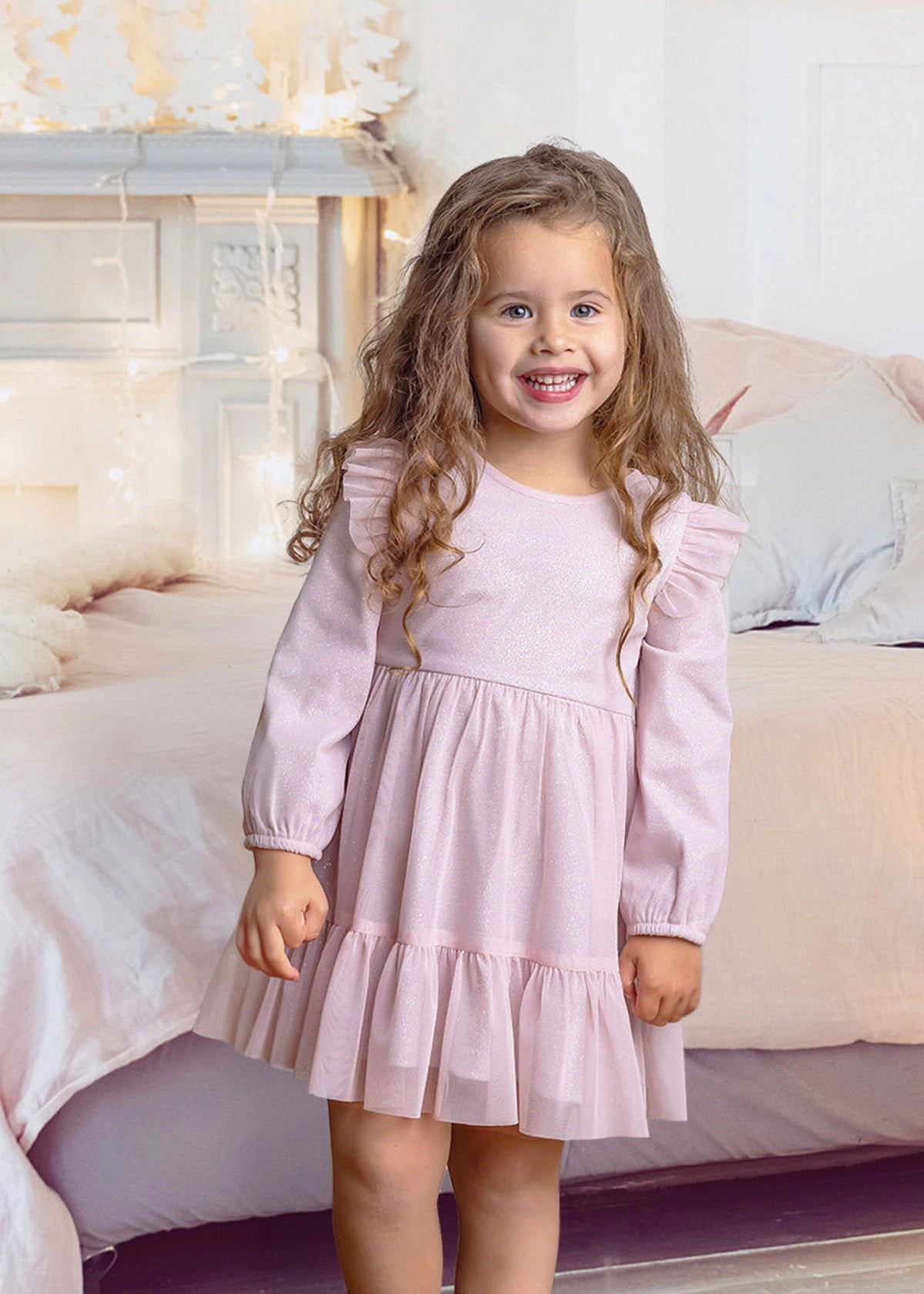 Isobella and Chloe Phoebe Long Sleeve Tulle Dress - Sparkling Knit Bodice