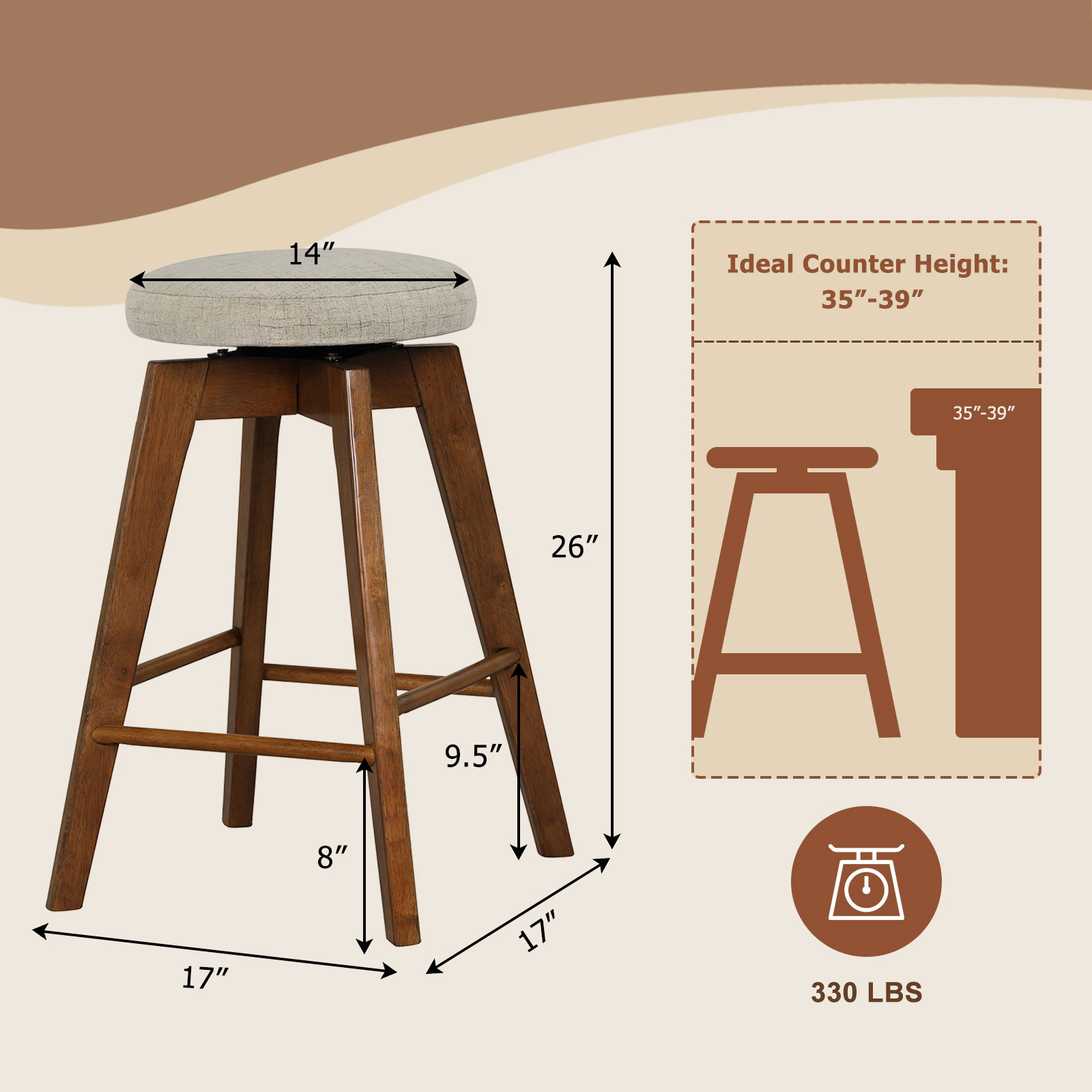 SUGIFT Backless 26-in Swivel Bar Stools 330-lb Capacity for 35-39 in Counters Beige and Brown