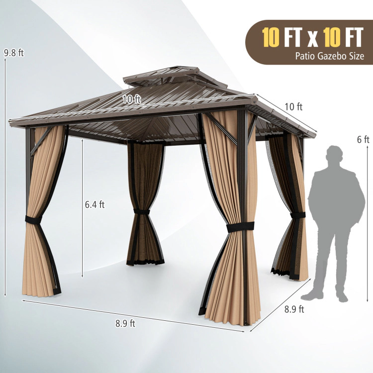 Hivvago Hardtop Gazebo with Netting and Curtain and Double-Roof Galvanized Metal Top