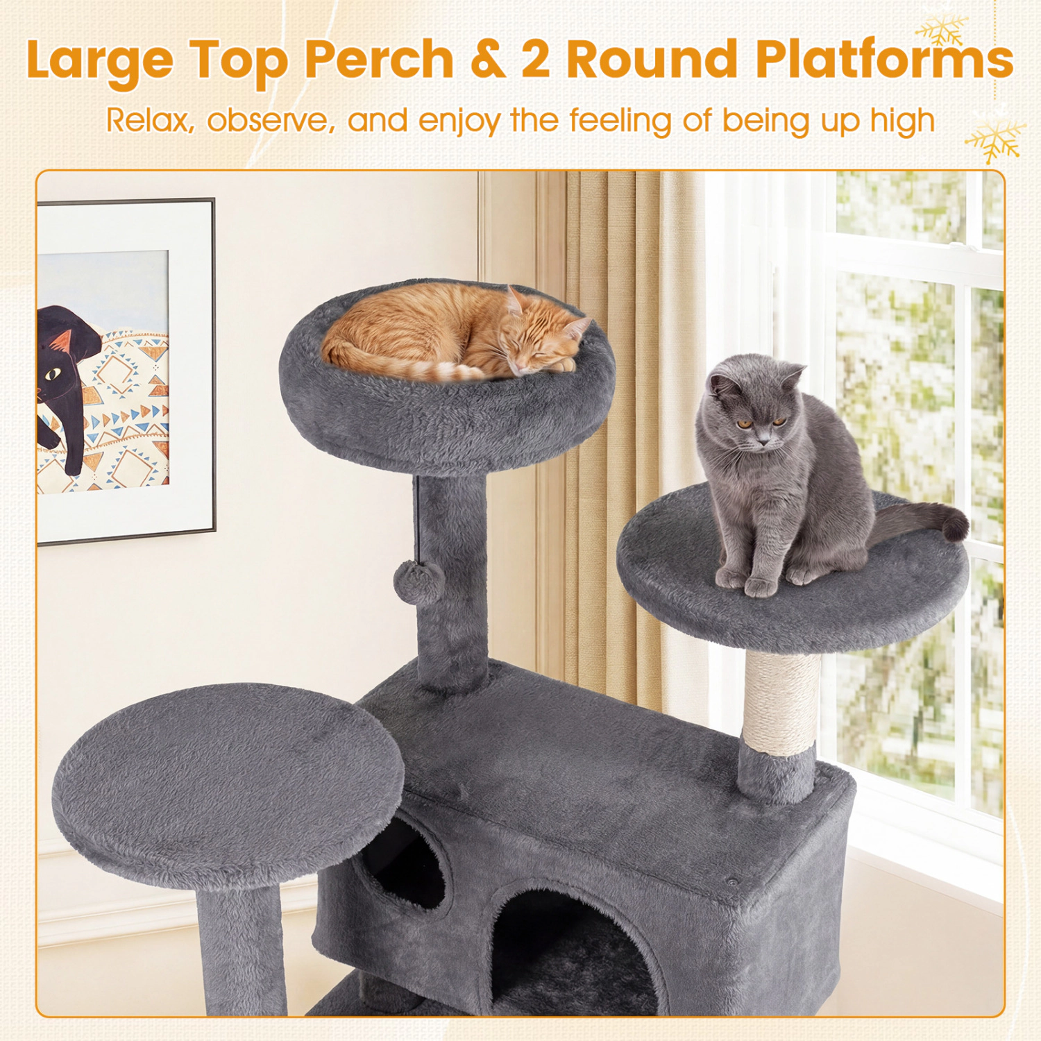 SUGIFT Light Gray 52 in Tall Cat Tree with 2-Door Cave and Round Platforms