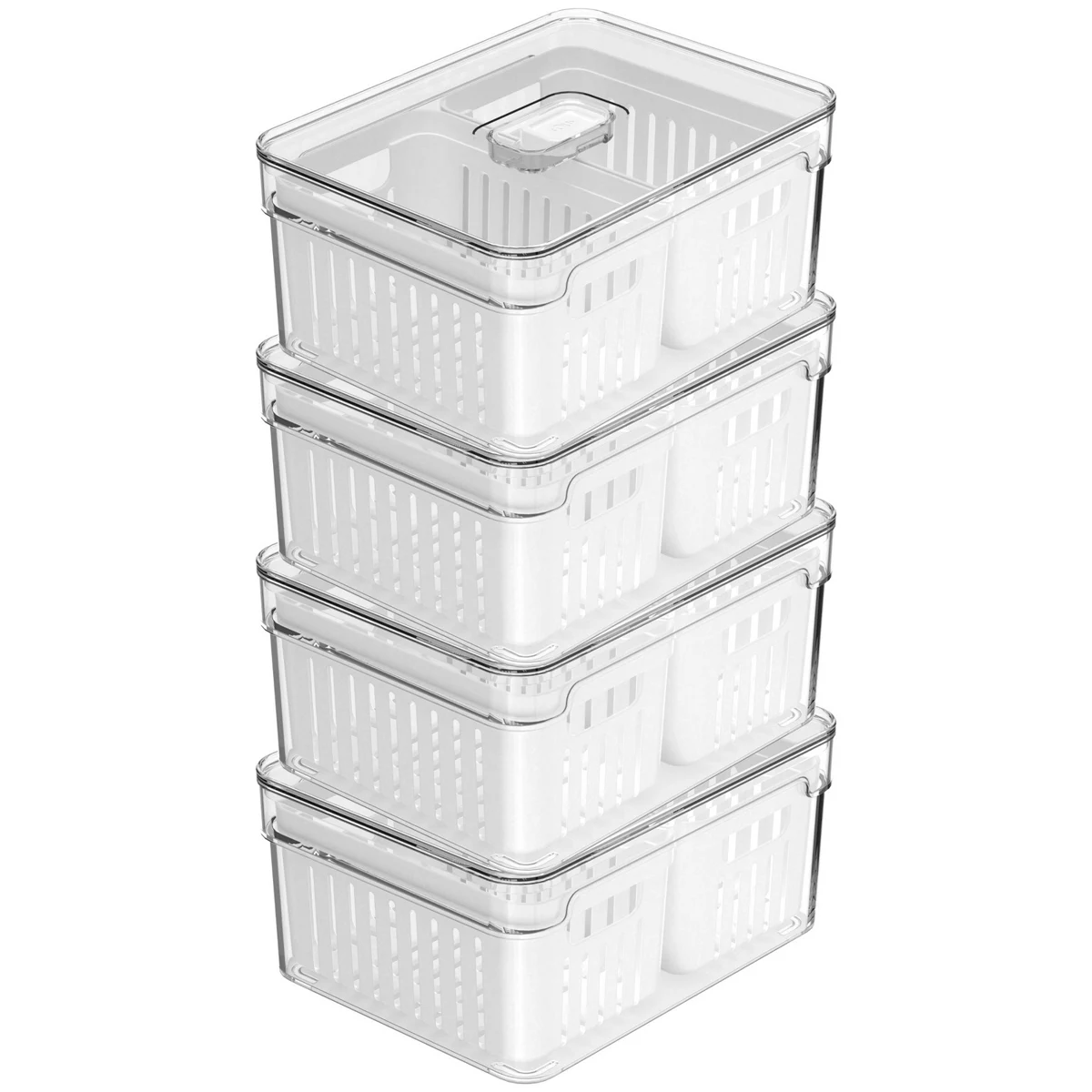 OU Clear Fridge Organizer Set, 4 Pack Stackable Produce Bins w/ Dual Removable Basket Drainers, BPA Free 74.3oz Capacity
