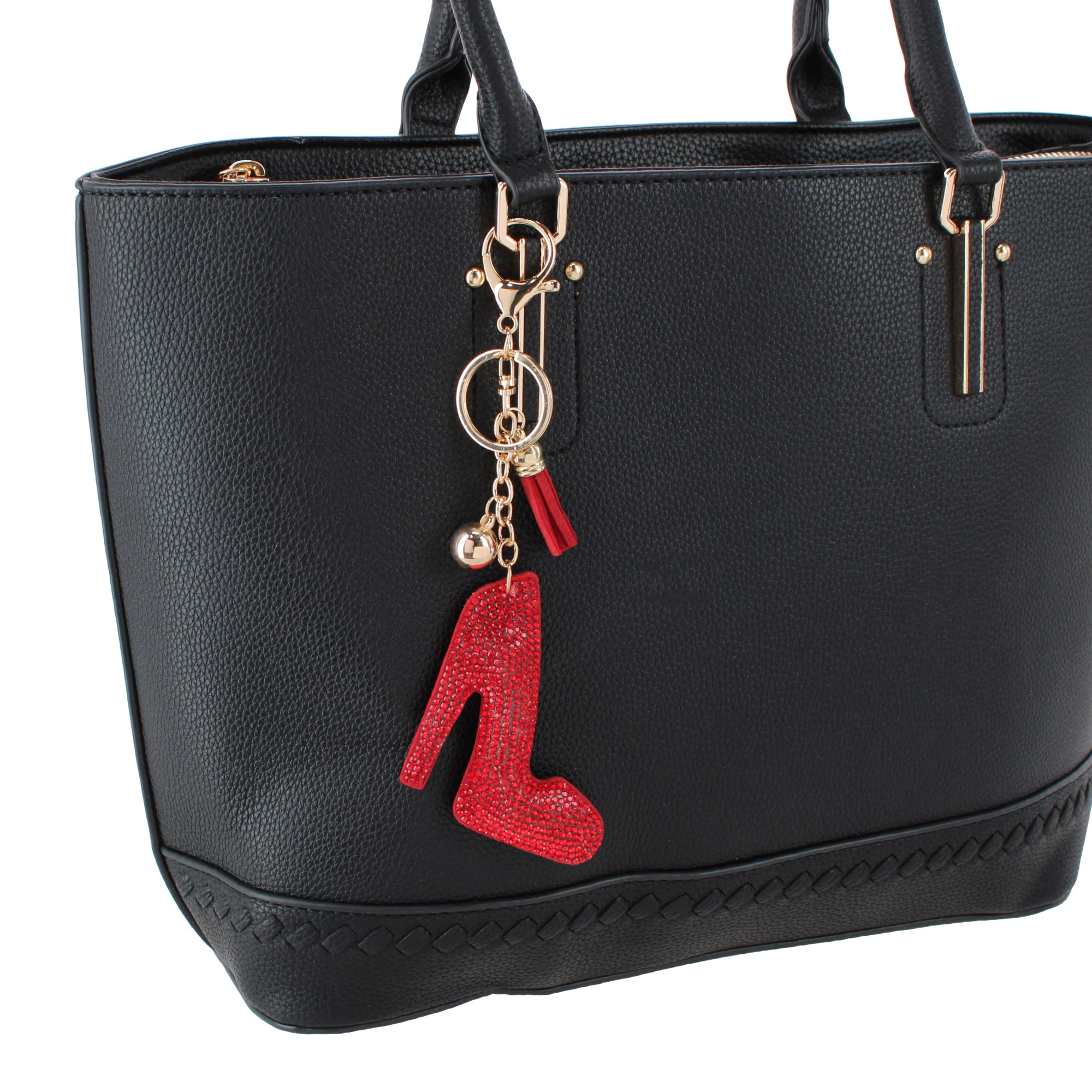CTM Women's Red Rhinestone High Heel with Tassel Bag Charm & Key Chain