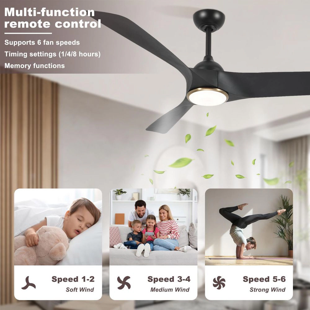 Flynama 52 in. Black Ceiling Fan with Light, Quiet DC Motor, 6-Speed Remote Control, 3 ABS Blades, Indoor