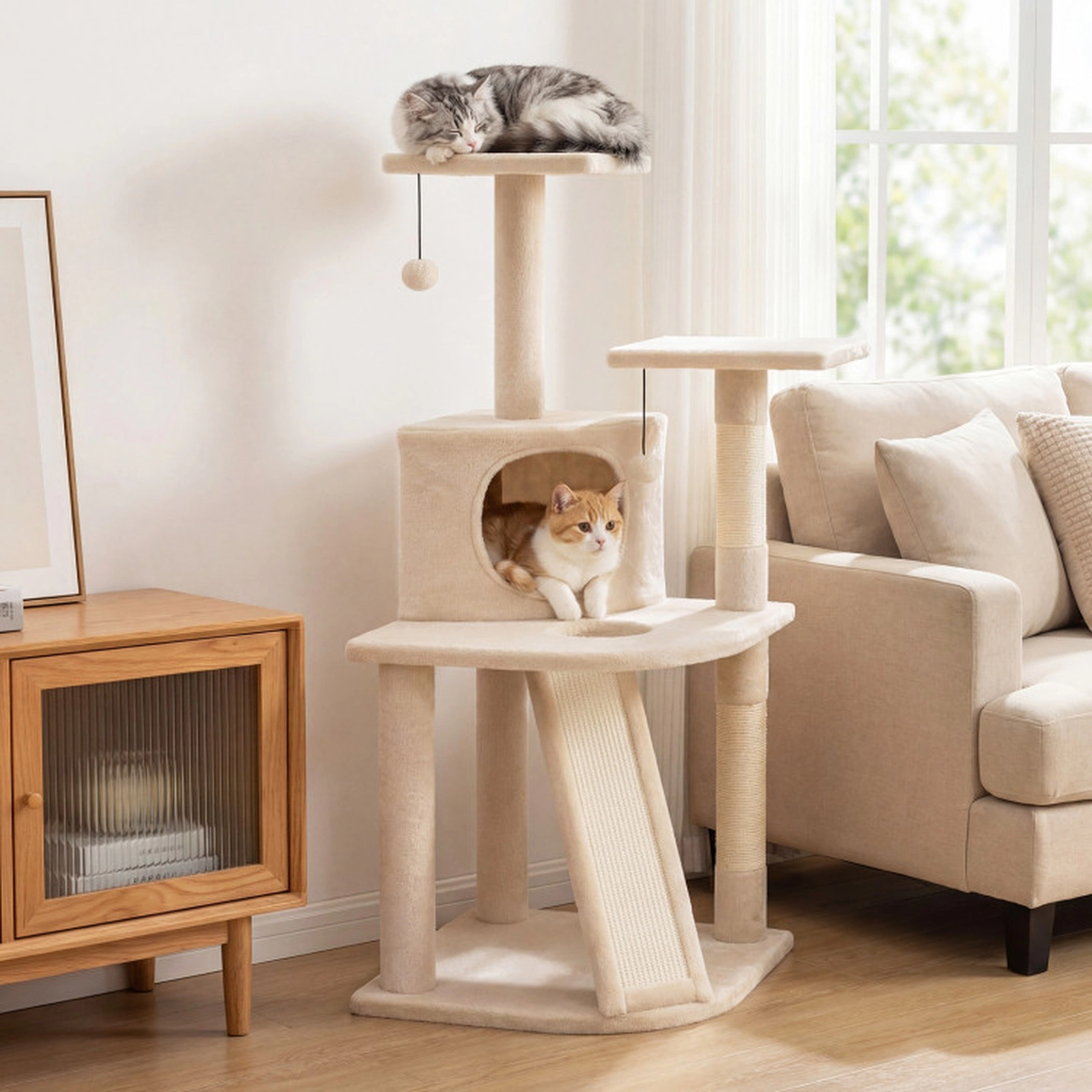 SUGIFT Multi-Level Cat Tree Tower with Condo Ramp and 2 Plush Perches 44-in Tall 22-lb Capacity Beige