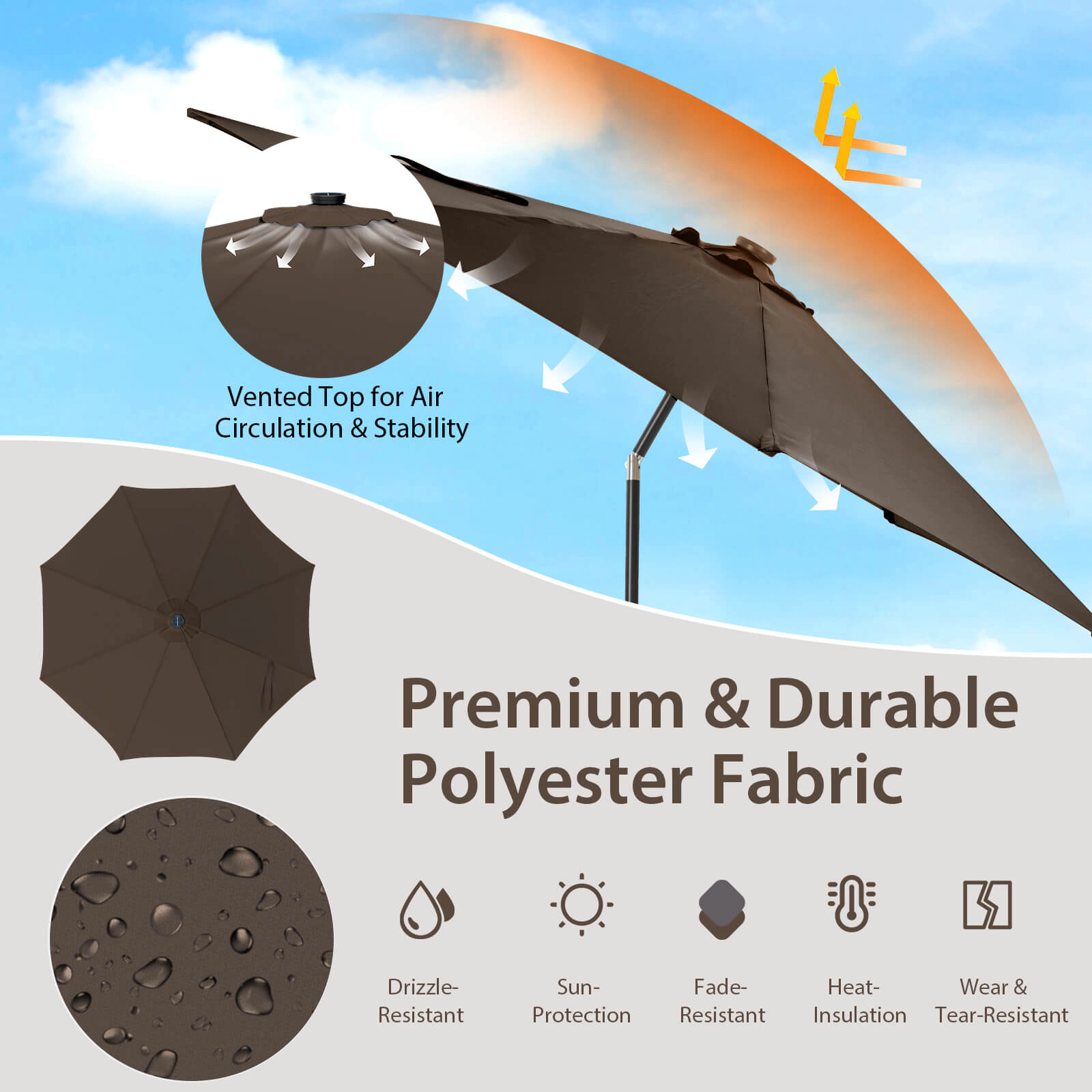 SUGIFT Solar-Lit 10-Ft Patio Umbrella with 112 LED Lights Crank Handle Tilt Coffee