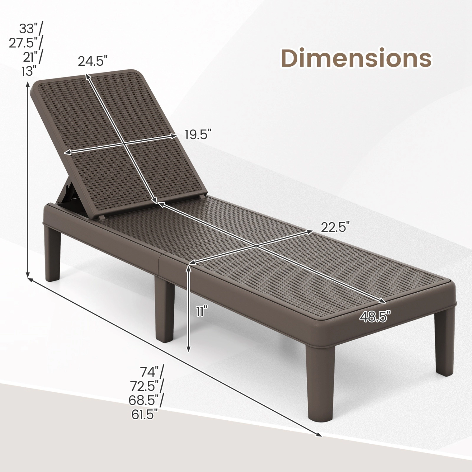 SUGIFT Outdoor Chaise Lounge Chair, Brown PP Rattan Texture, 4-Position Backrest, 6-Leg Frame