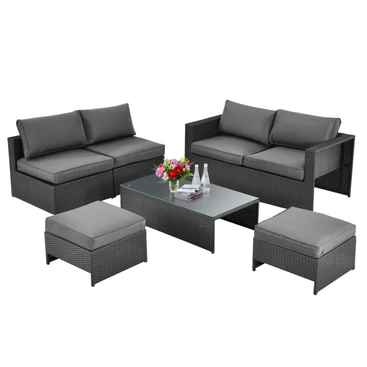 Hivvago 6 Pieces Patio Rattan Furniture Set With Glass Table And Cushioned Seat
