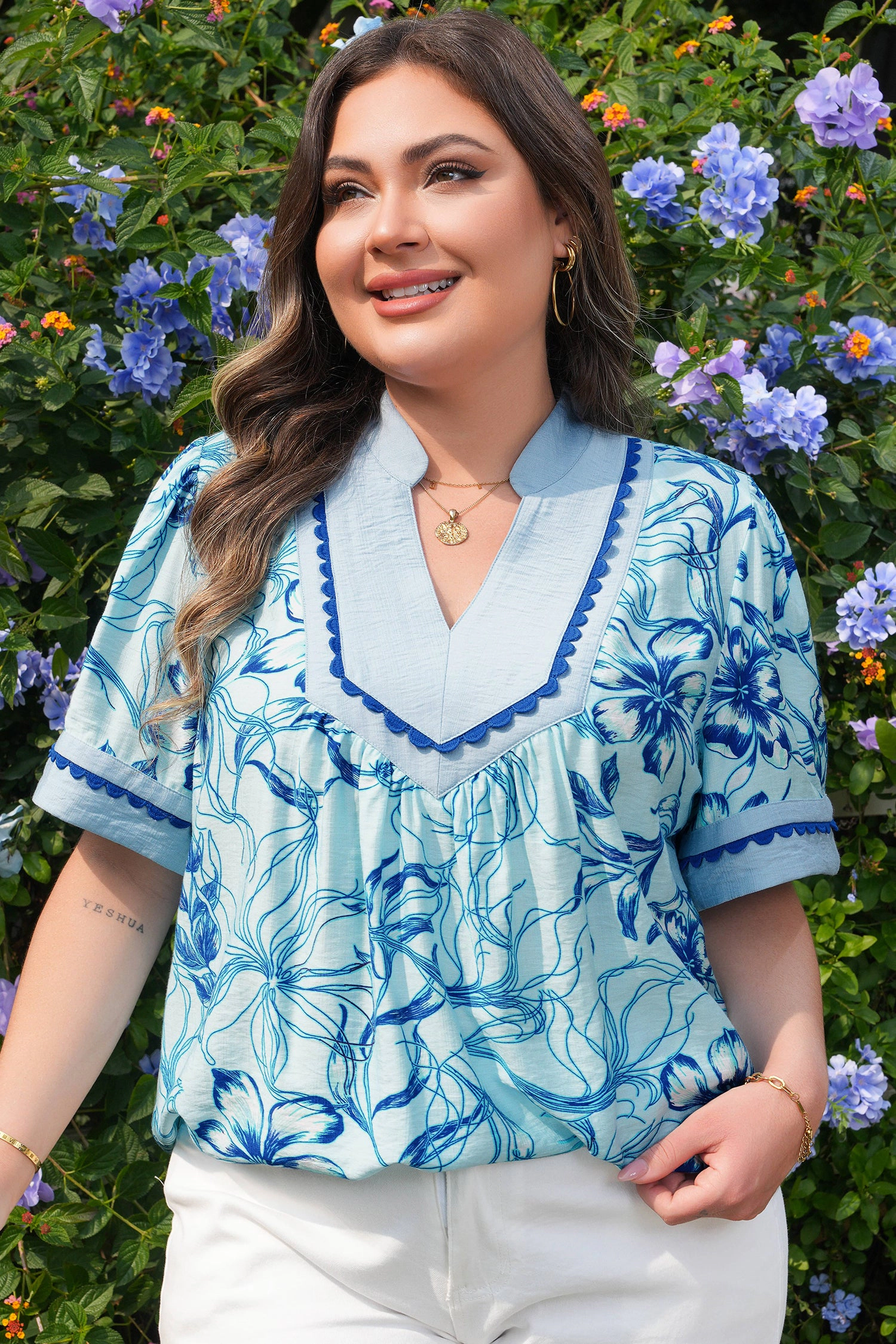 Threaded Pear Women's Aylin Floral Short Sleeve PLUS Blouse