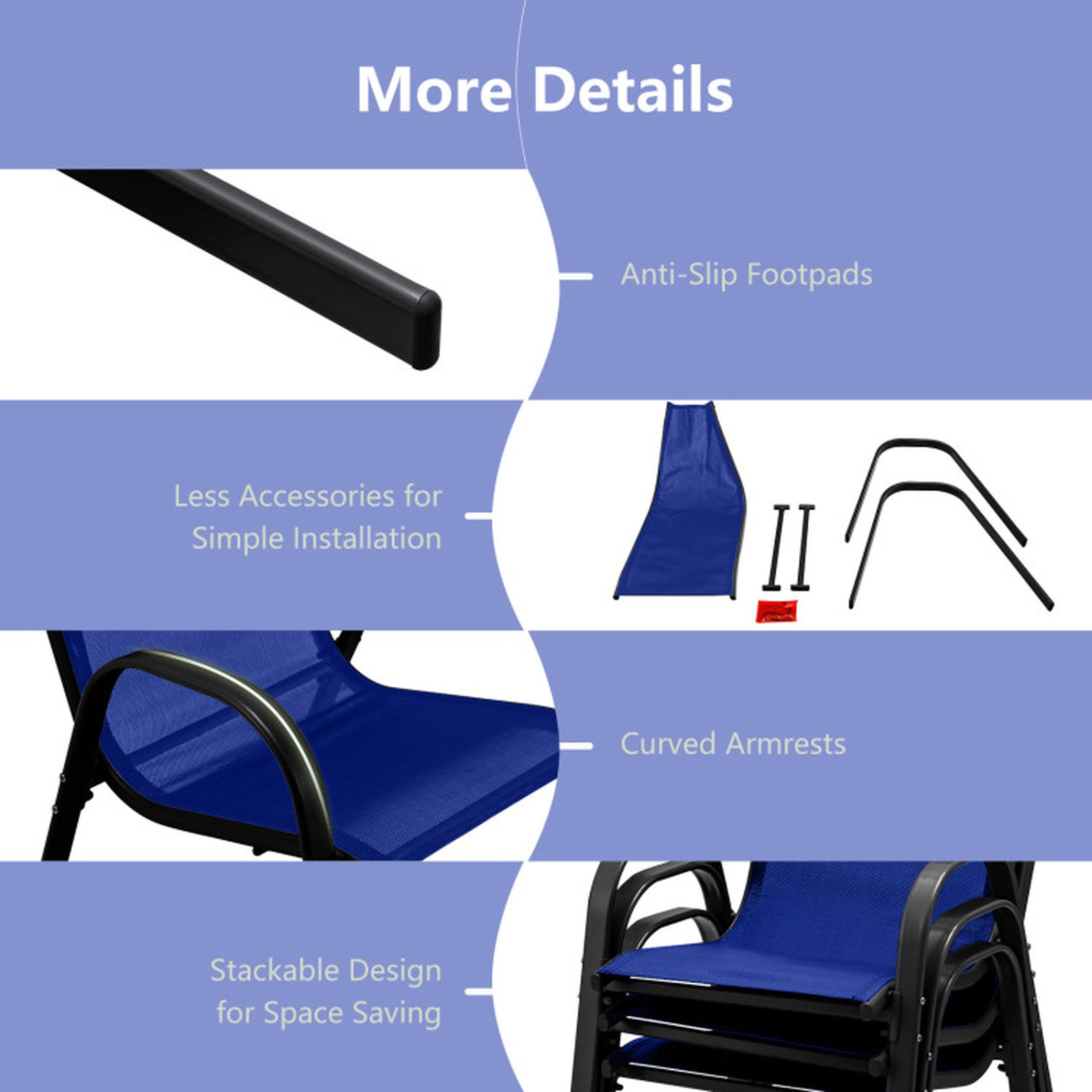 SUGIFT Patio Sling Dining Chairs Set with Armrest 330-lb Capacity Navy Fabric Gray Steel Frame 29-in Long 4-Piece