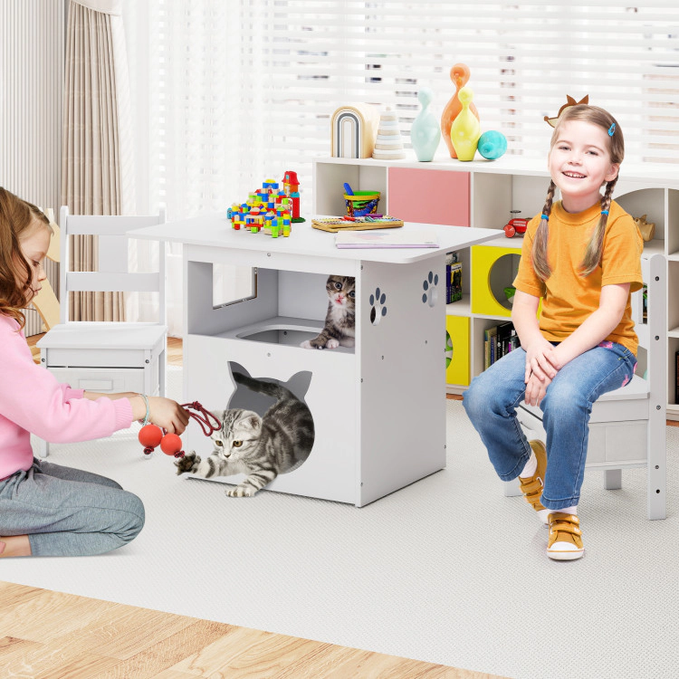 Hivvago Kids Table And Chairs Set 3 Pieces Wooden Children Furniture With Cat House