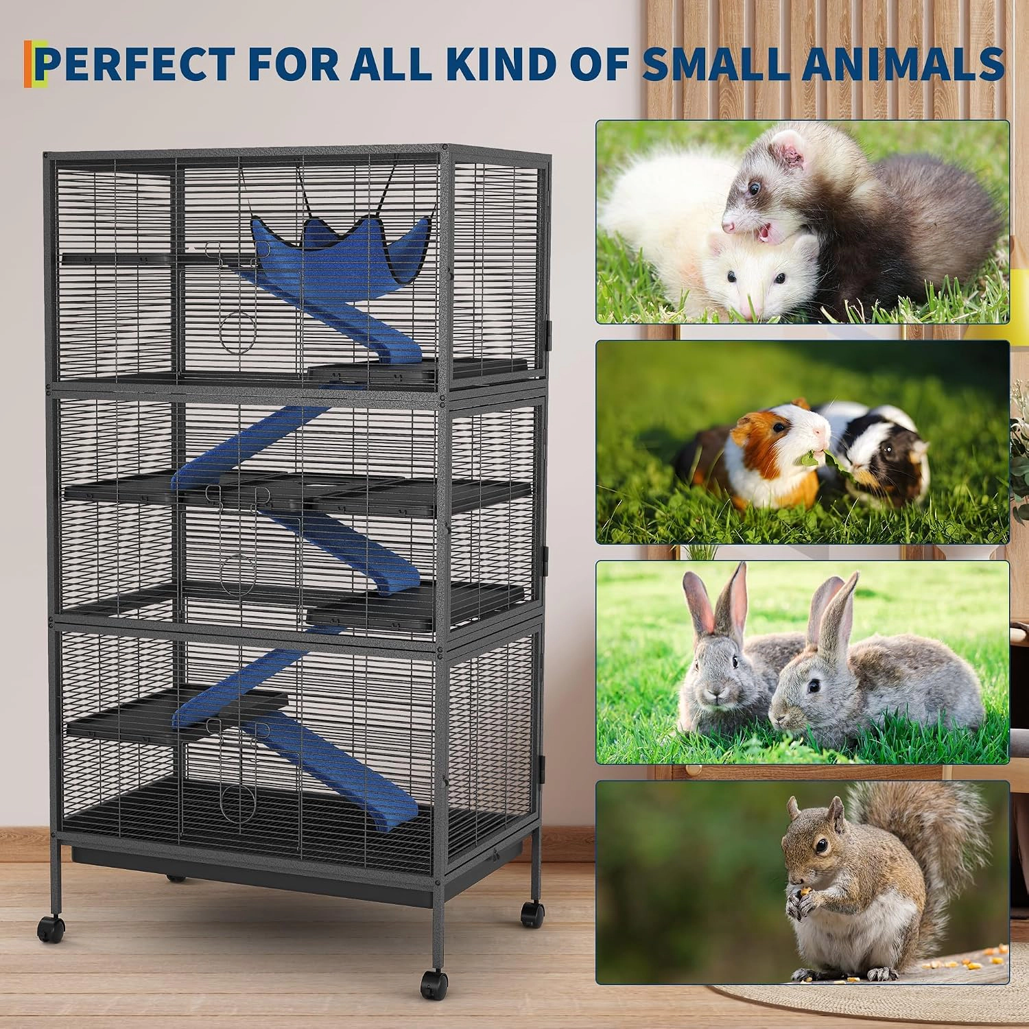 Multi-Tier Metal Ferret Cage, Small Animal Enclosure Half-Inch Grid with Platforms Ramps & Casters