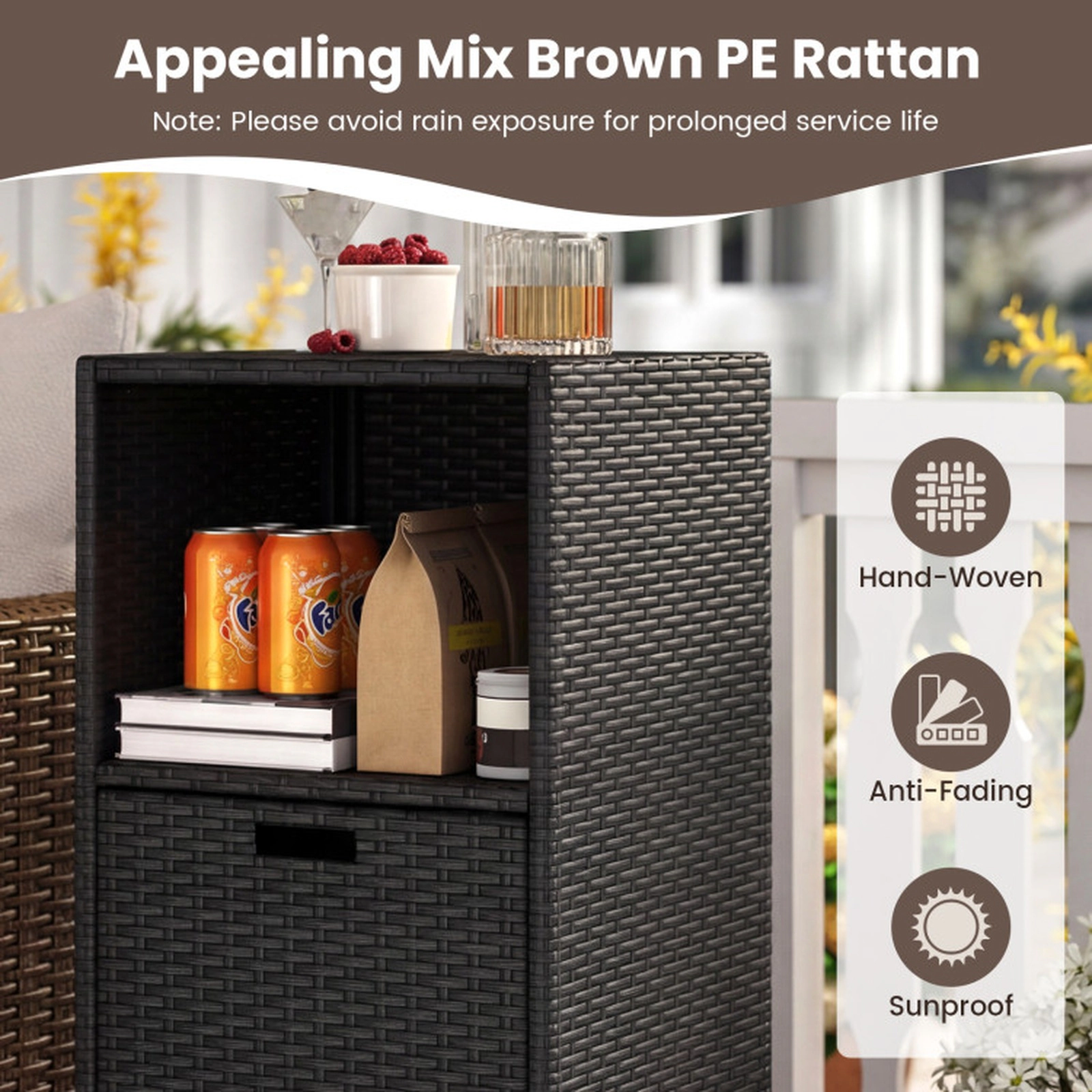 SUGIFT Hand-Woven PE Rattan Outdoor Storage Cabinet with 3 Shelves Countertop and Removable Drawer