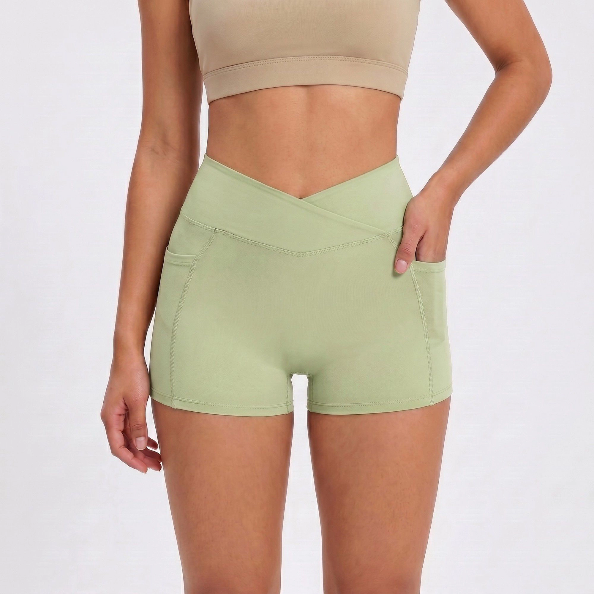 Anna-Kaci Women's High Waist Crossover Waistband Pocket Workout Biker Shorts