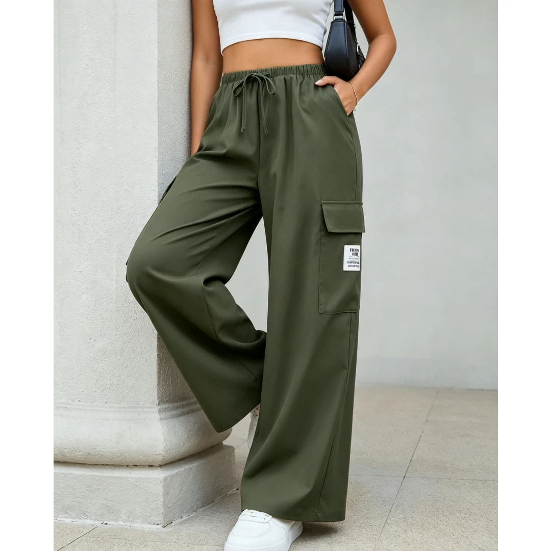 Coolmee Women’s High Waist Cargo Pants Casual Loose Straight Leg Trousers Elastic Pocket