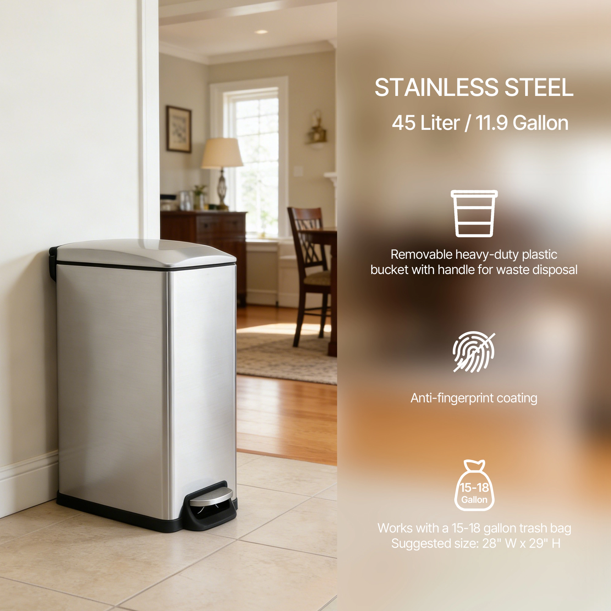 Innovaze 12 Gal./ 45 Liter  Slim Stainless Steel Step-on kitchen Trash Can