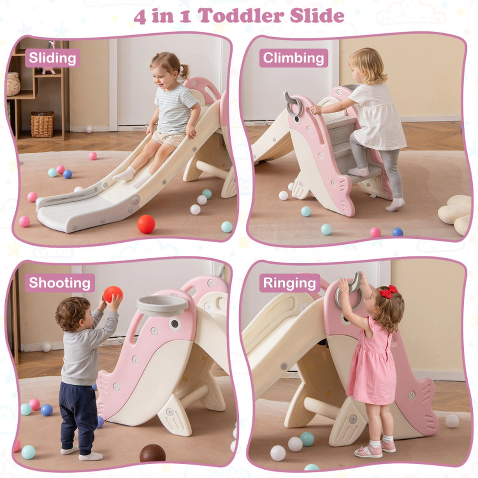 SUGIFT Pink Basketball Hoop and Rings Foldable Freestanding Baby Slide Climber Playset