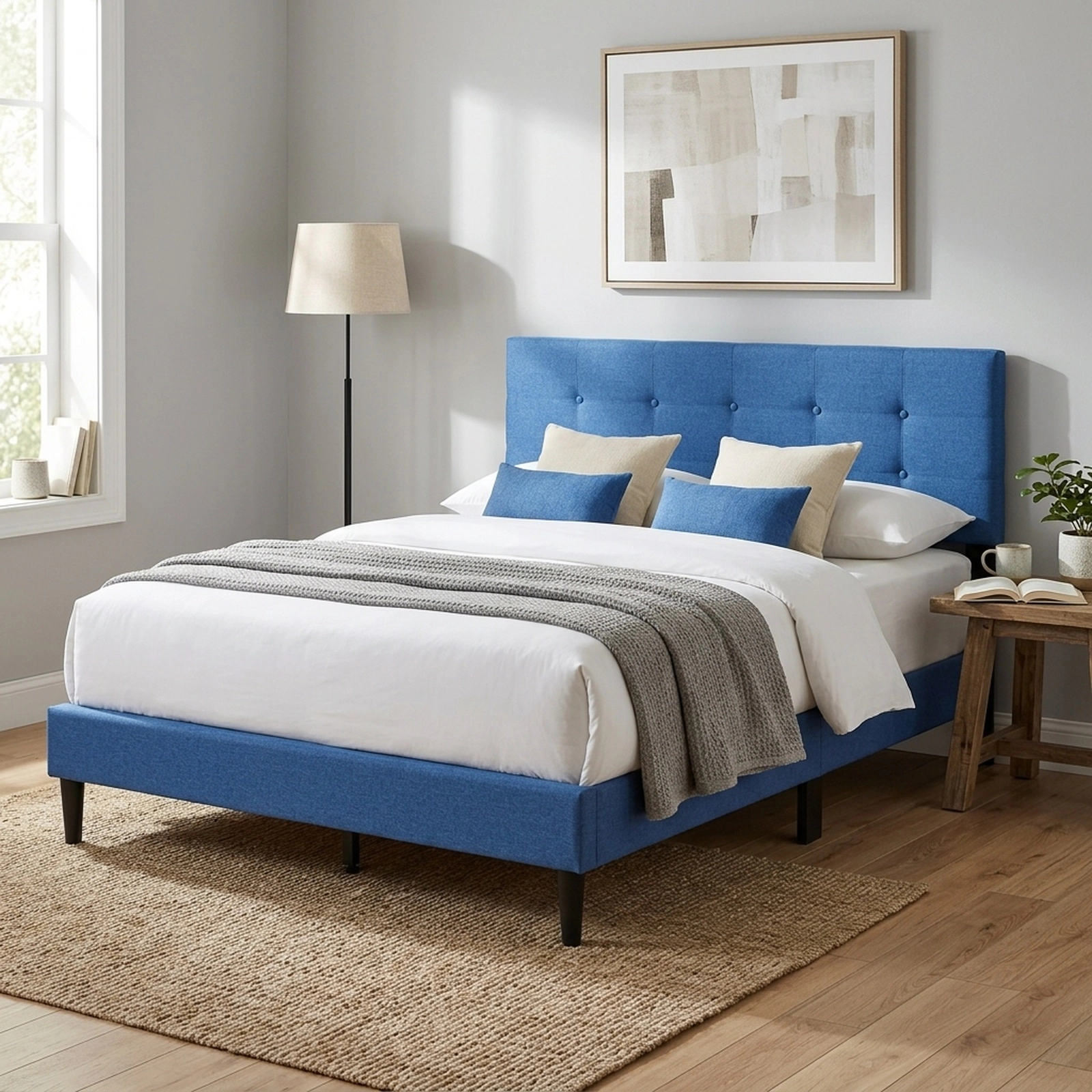 Queen Size Upholstered Platform Bed with Button Tufted Headboard Blue Linen Bed with Wooden Slat Support