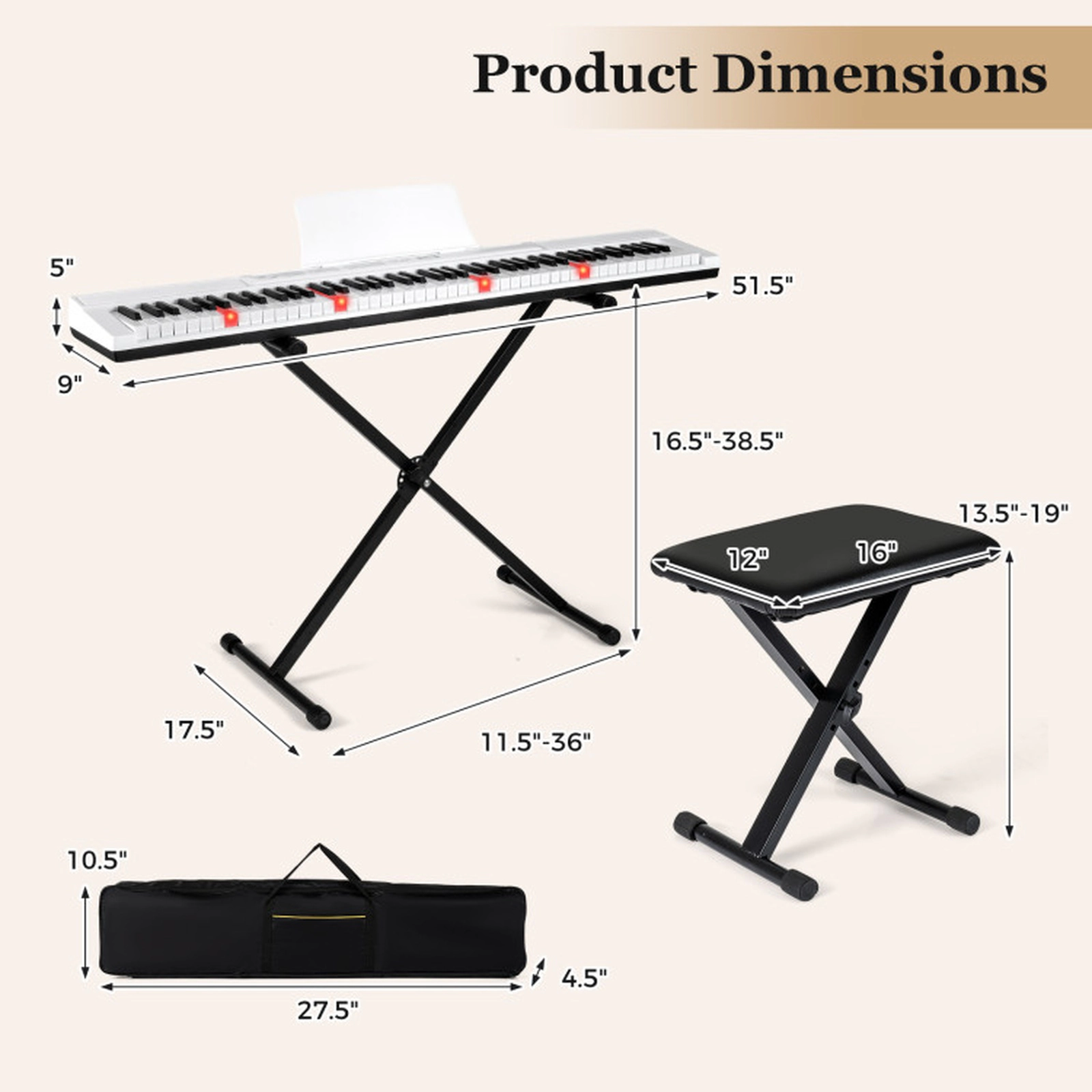 SUGIFT 88-Key Electric Piano Keyboard with Adjustable Height Stand, Stool and Portable Bag White
