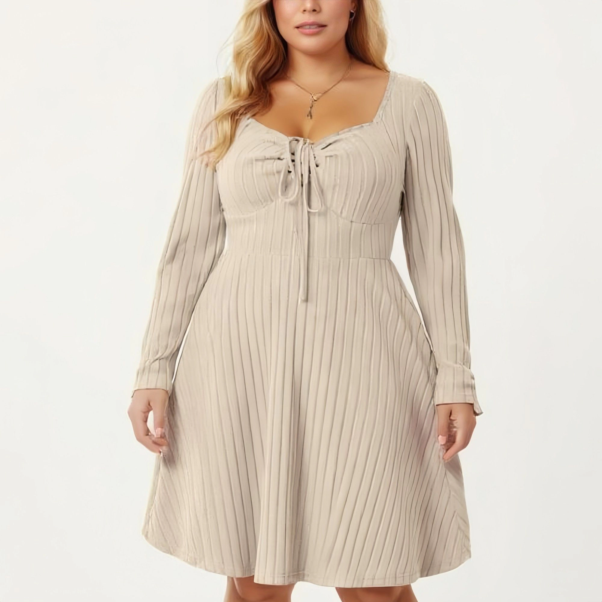 Anna-Kaci Women's Plus Size Long Sleeve Ribbed Tie Front Flared Skirt Knit Dress
