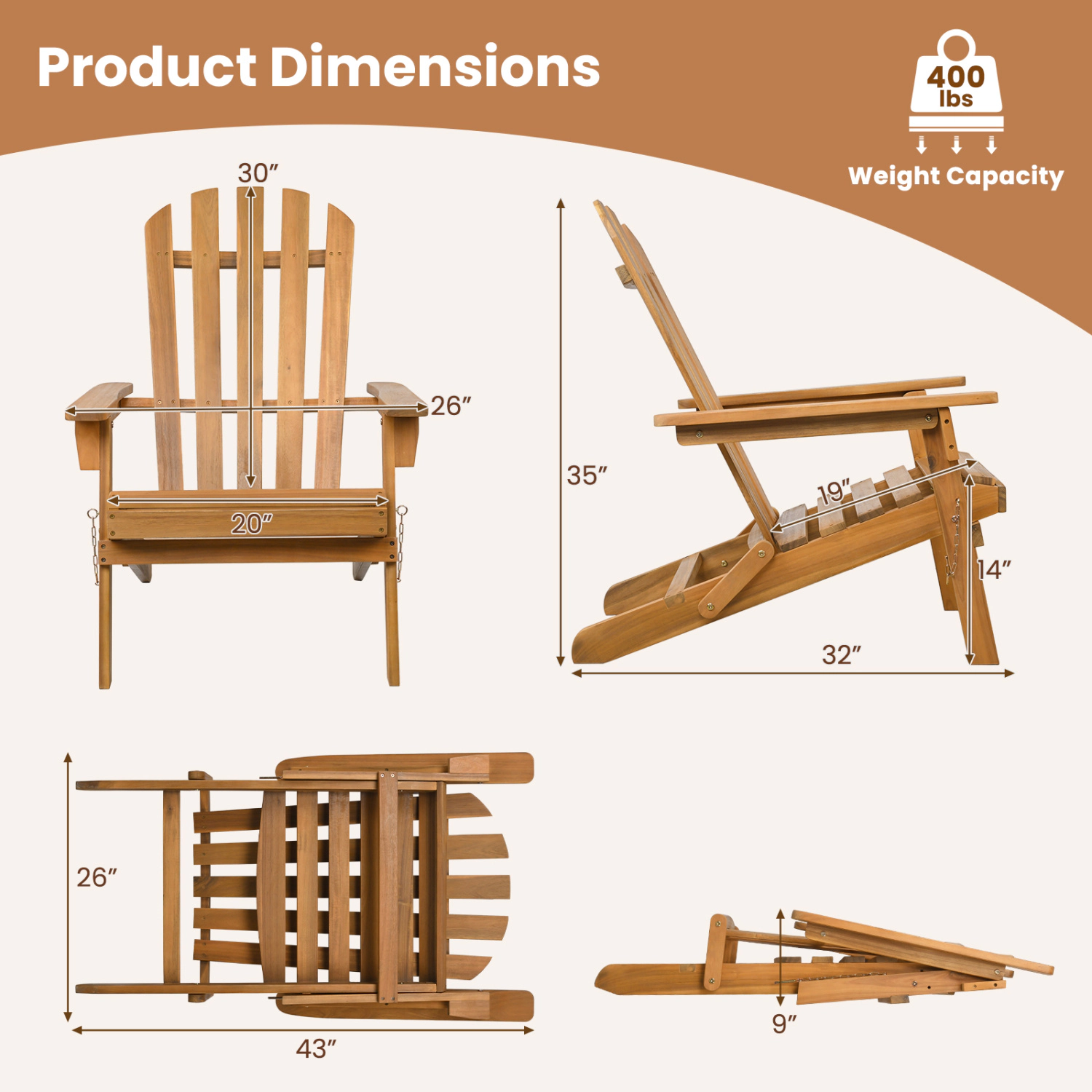 LJG Folding Acacia Wood Oversized Adirondack Chair