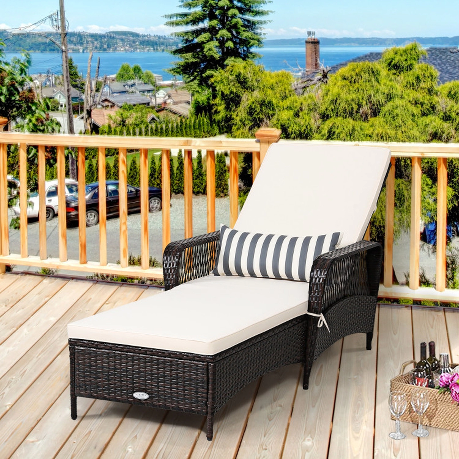 SUGIFT Off White 6-Gear Backrest Padded Cushion and Lumbar Pillow PE Rattan Chaise Lounge Recliner