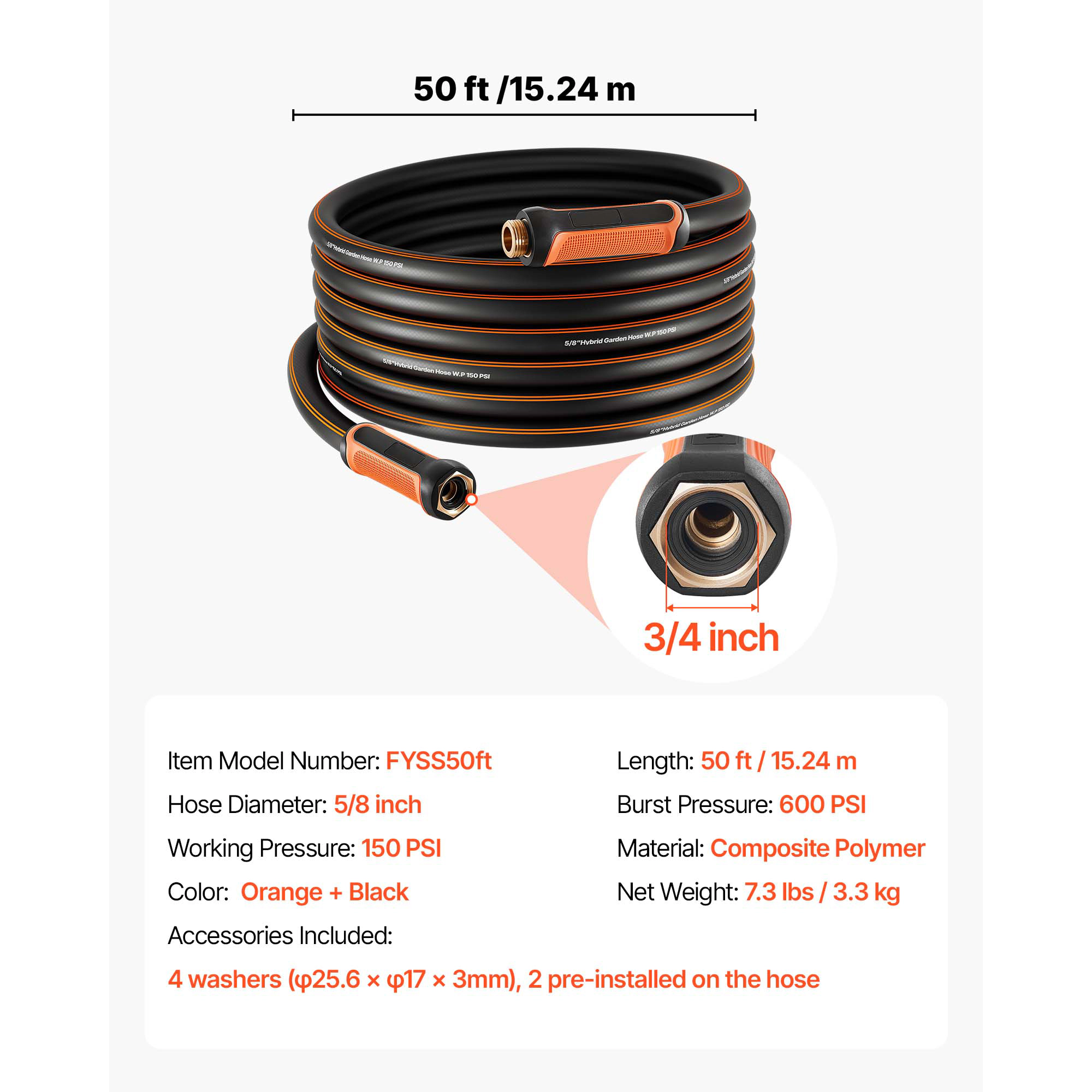HONGGE Garden Hose 5/8" Heavy Duty 4-Layer Rubber Water Hose 150PSI Working & 600PSI Burst Flexible & Non-kink Outdoor