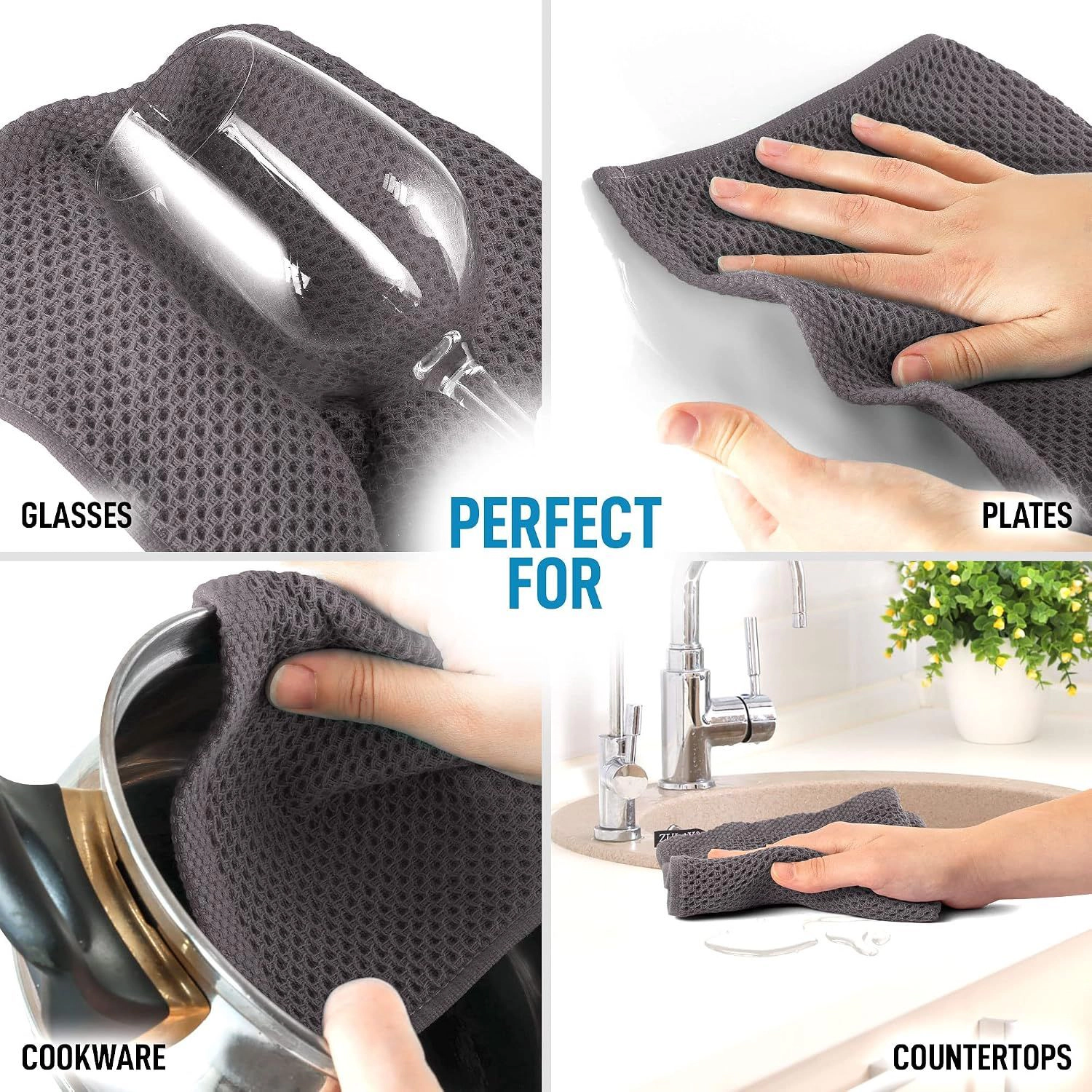 Zulay Kitchen Reusable Towels 3 Pack 100% Cotton Waffle Weave - 12x12” Super Absorbent Dish