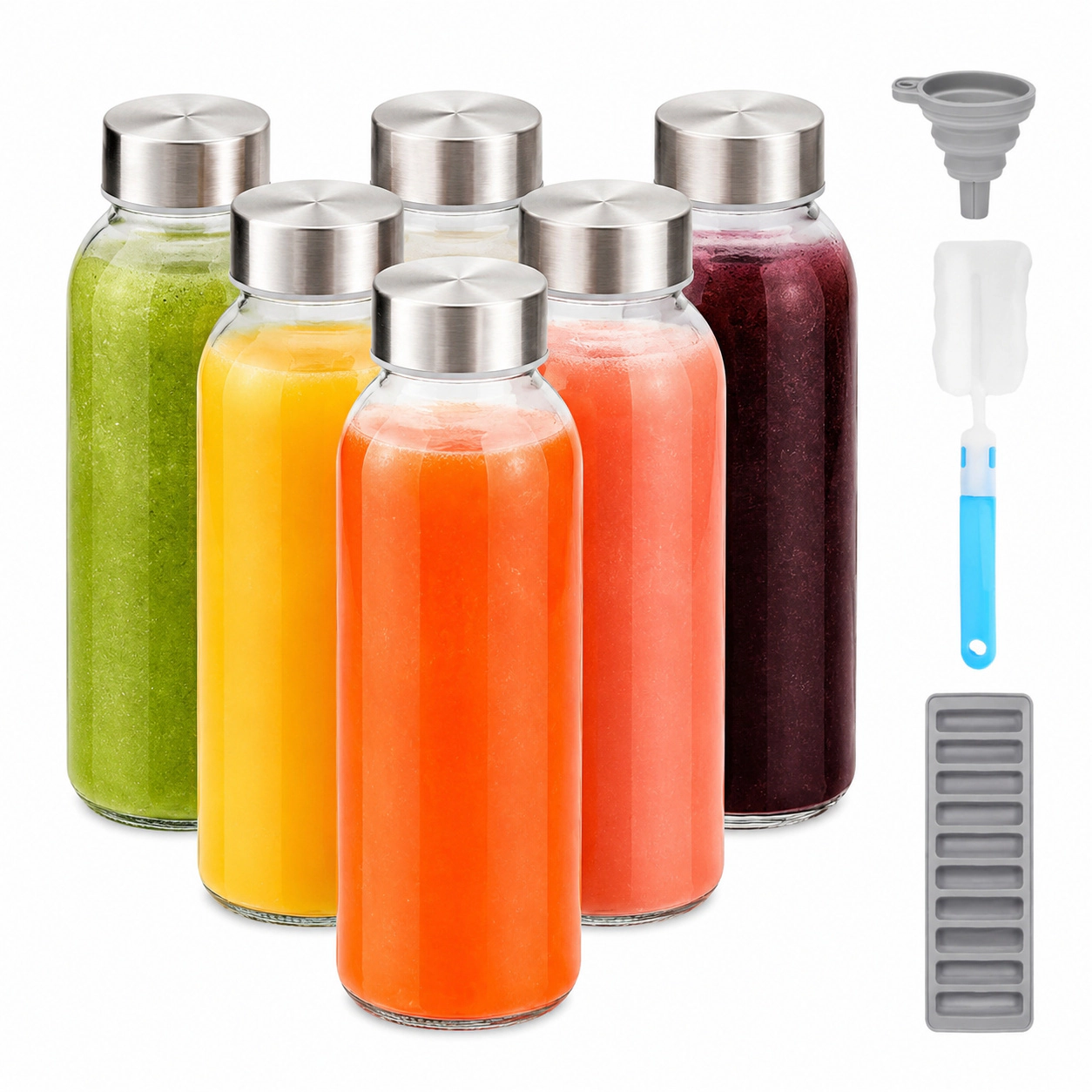 WZK 24 Oz Set of 6 Airtight Leak Proof Lids Glass Juice Bottles