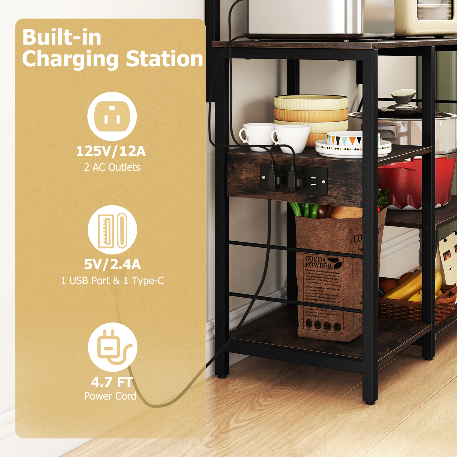 SUGIFT 5-Tier Kitchen Bakers Rack Shelving Unit with Power Outlet 66-lb Countertop Capacity Rustic Brown/ Black