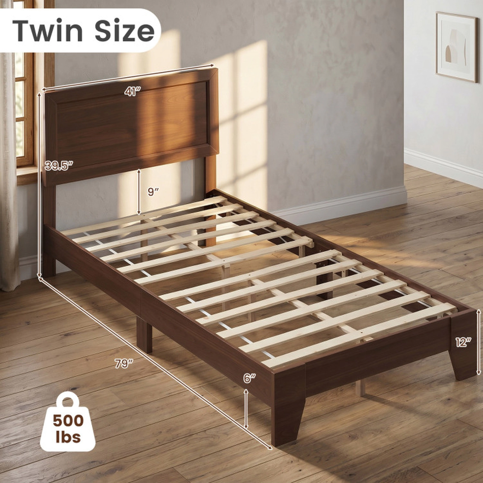 SUGIFT Twin Size Platform Bed Frame with Mid-Century Headboard 500-lb Capacity White/Walnut