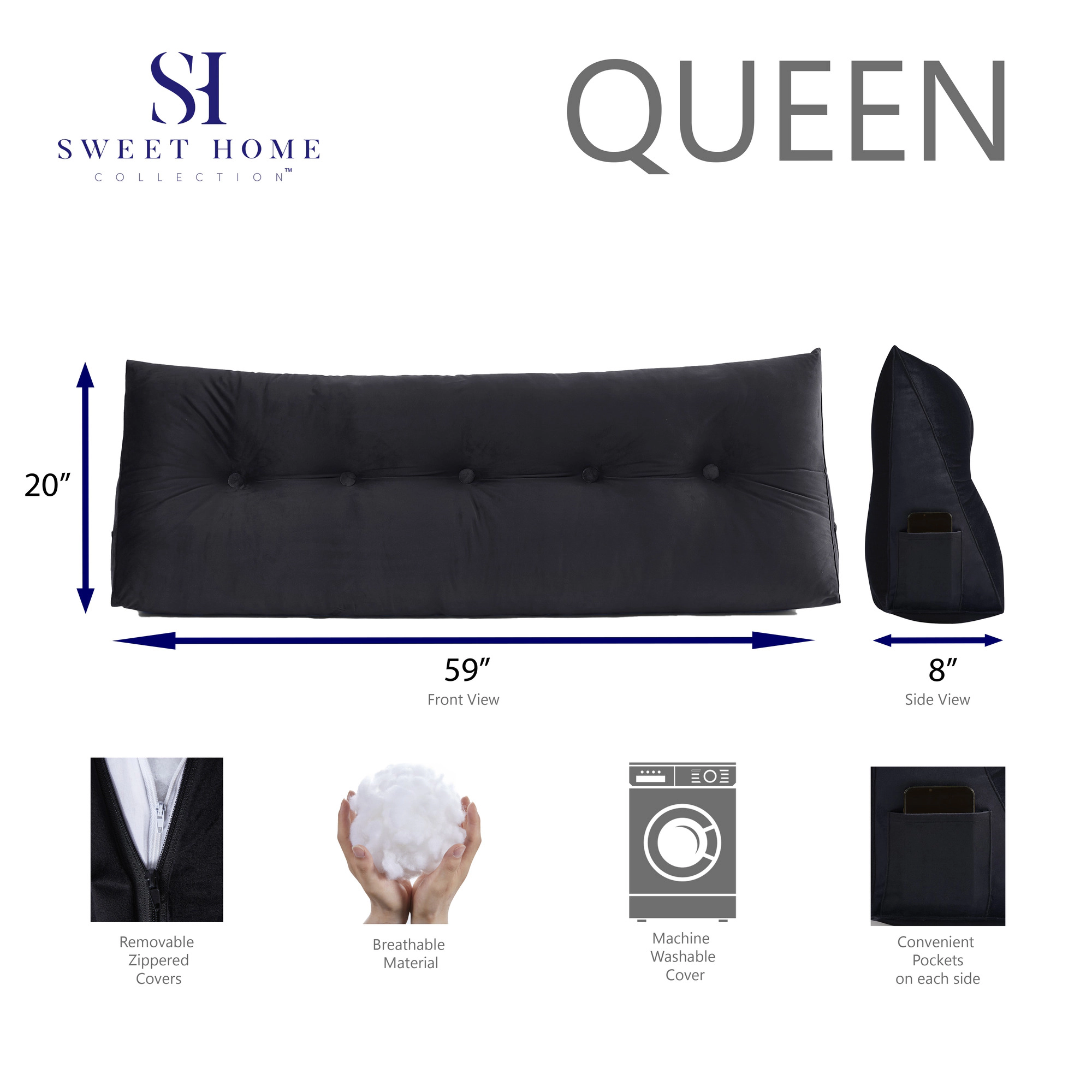 Sweet Home Collection Bed Wedge and Gap Filler Pillow for Headboard with Side Pockets