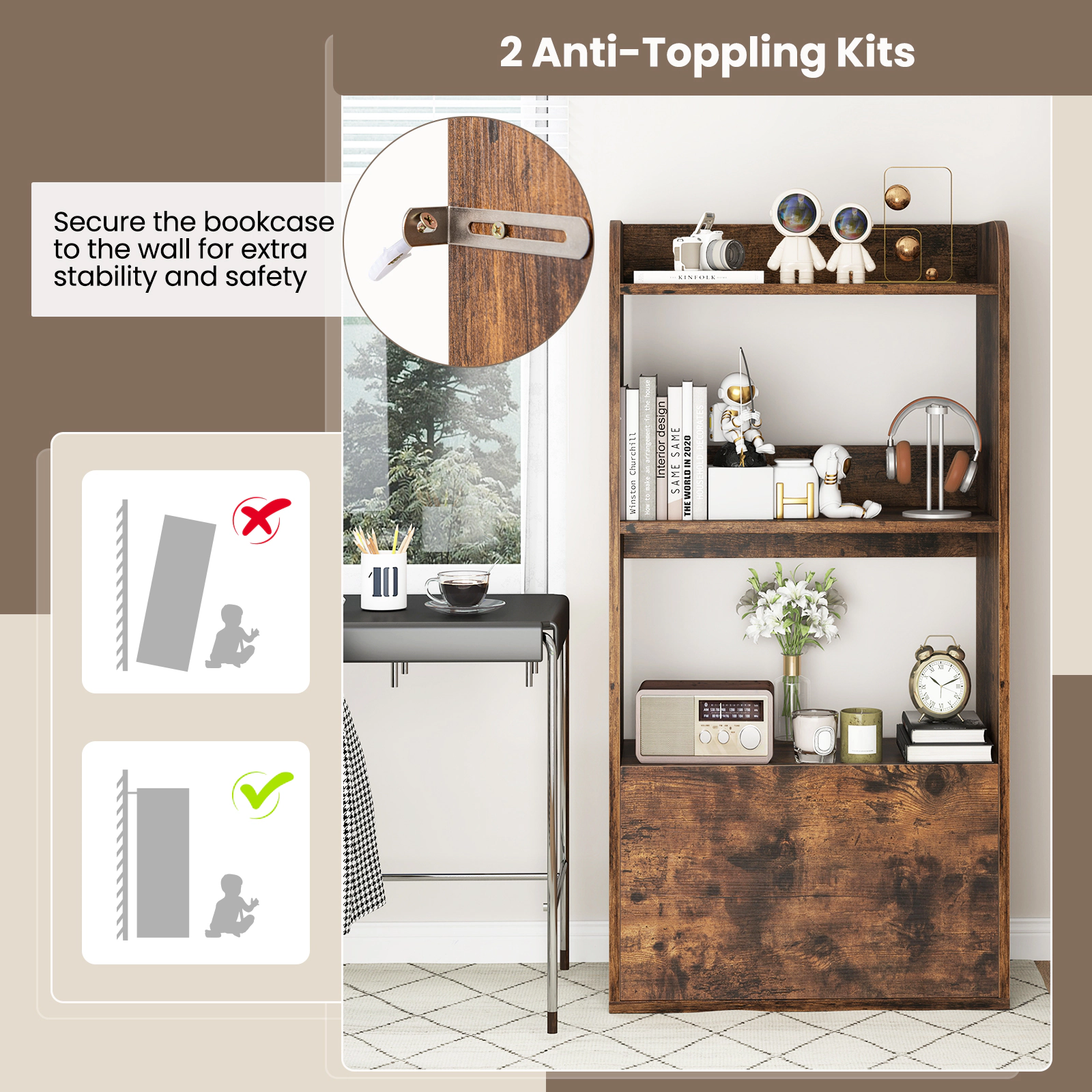 SUGIFT Rustic Brown Freestanding Bookshelf with 3-Tier Open Shelf and Pull-Out Drawer